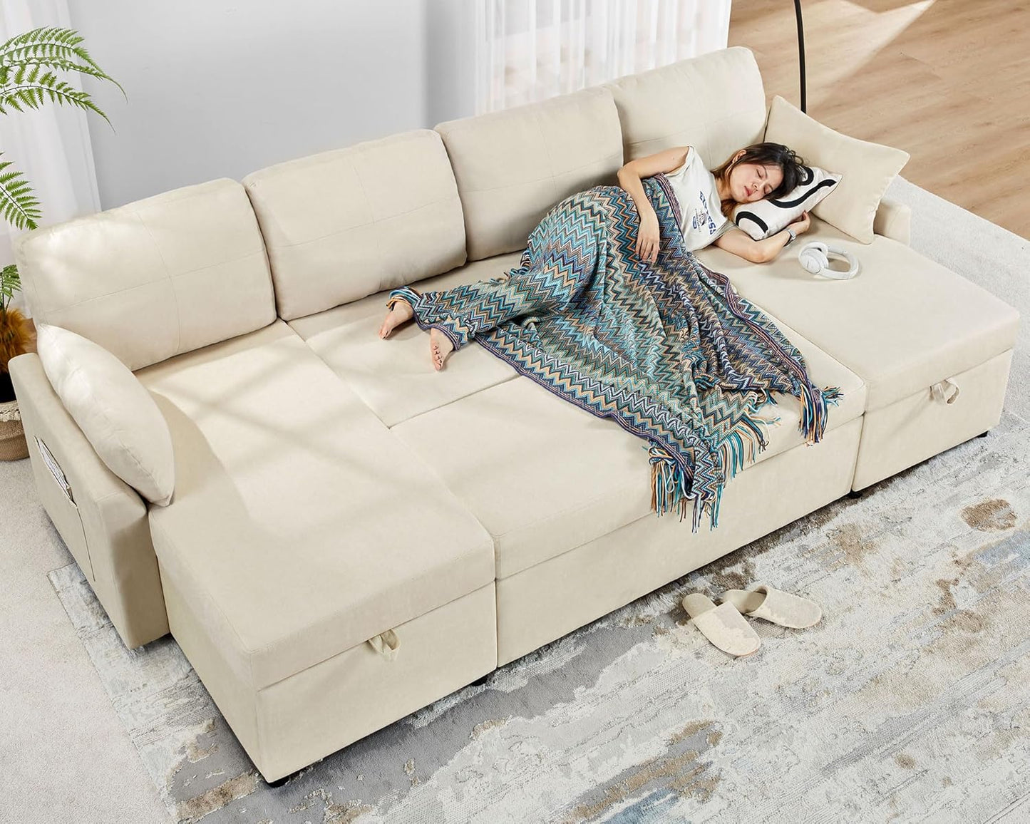 VanAcc Sofa Bed, Sleeper Sofa with Storage Chaise- 2 in 1 Pull Out Couch Living Room, Comfy Sleeper Couch