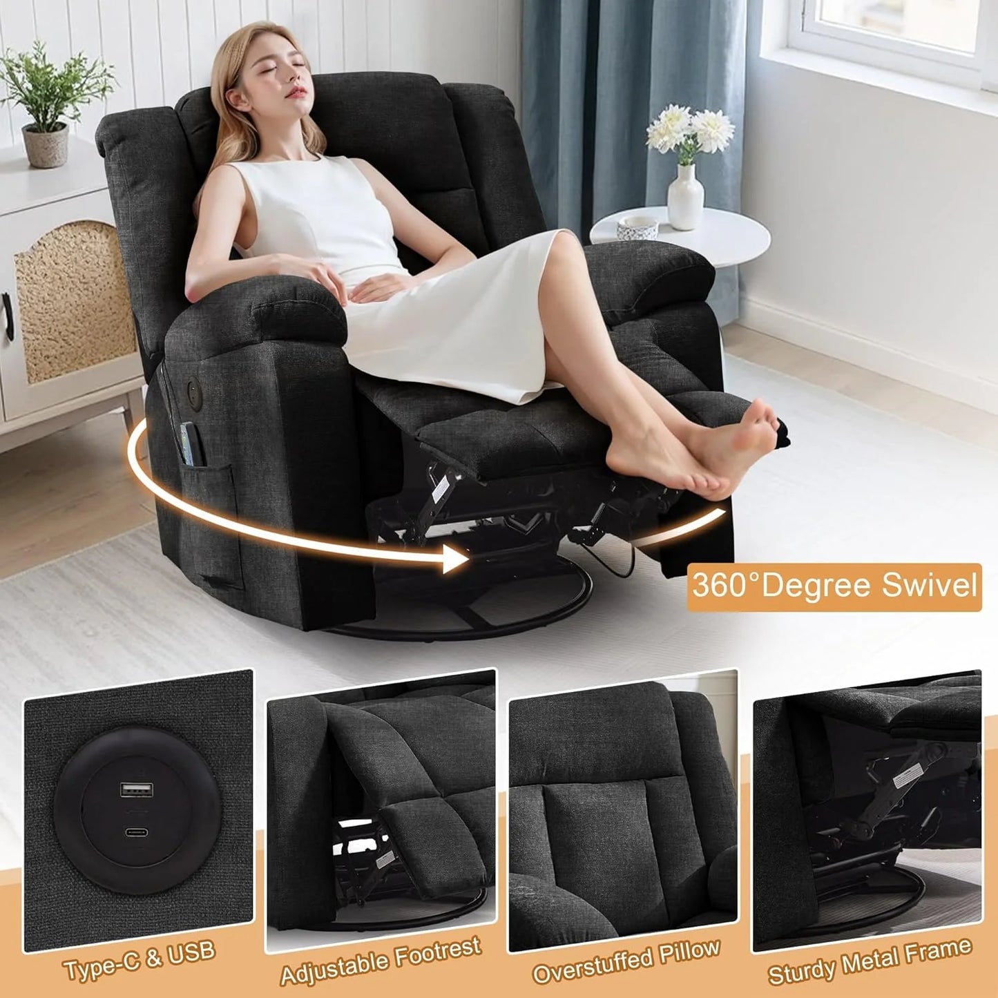 Adult rocking chair, gliding recliner, 360° rotating rocking chair with massage and heating function