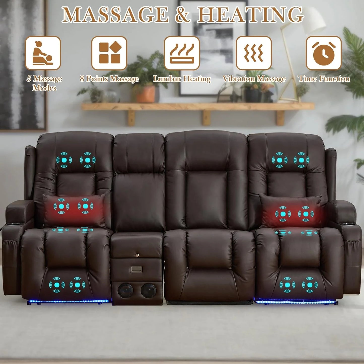 TUNYI Power Loveseat Recliner Sofa with Massage & Heat Home Theater Seating with Console Electric Recliner RV Sofa with USB/Outlet/Storage/Side Pocket/LED Light/Speaker (Brown, Loveseat)
