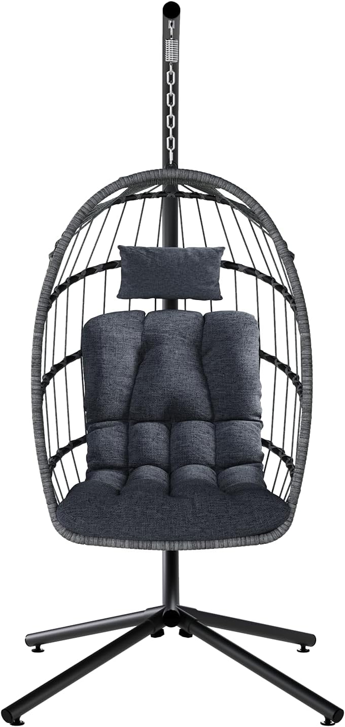 SWITTE Egg Chair Outdoor with Stand, Indoor Wicker Hanging Egg Swing Chair with Cushion, 350lbs Capacity for Patio, Bedroom