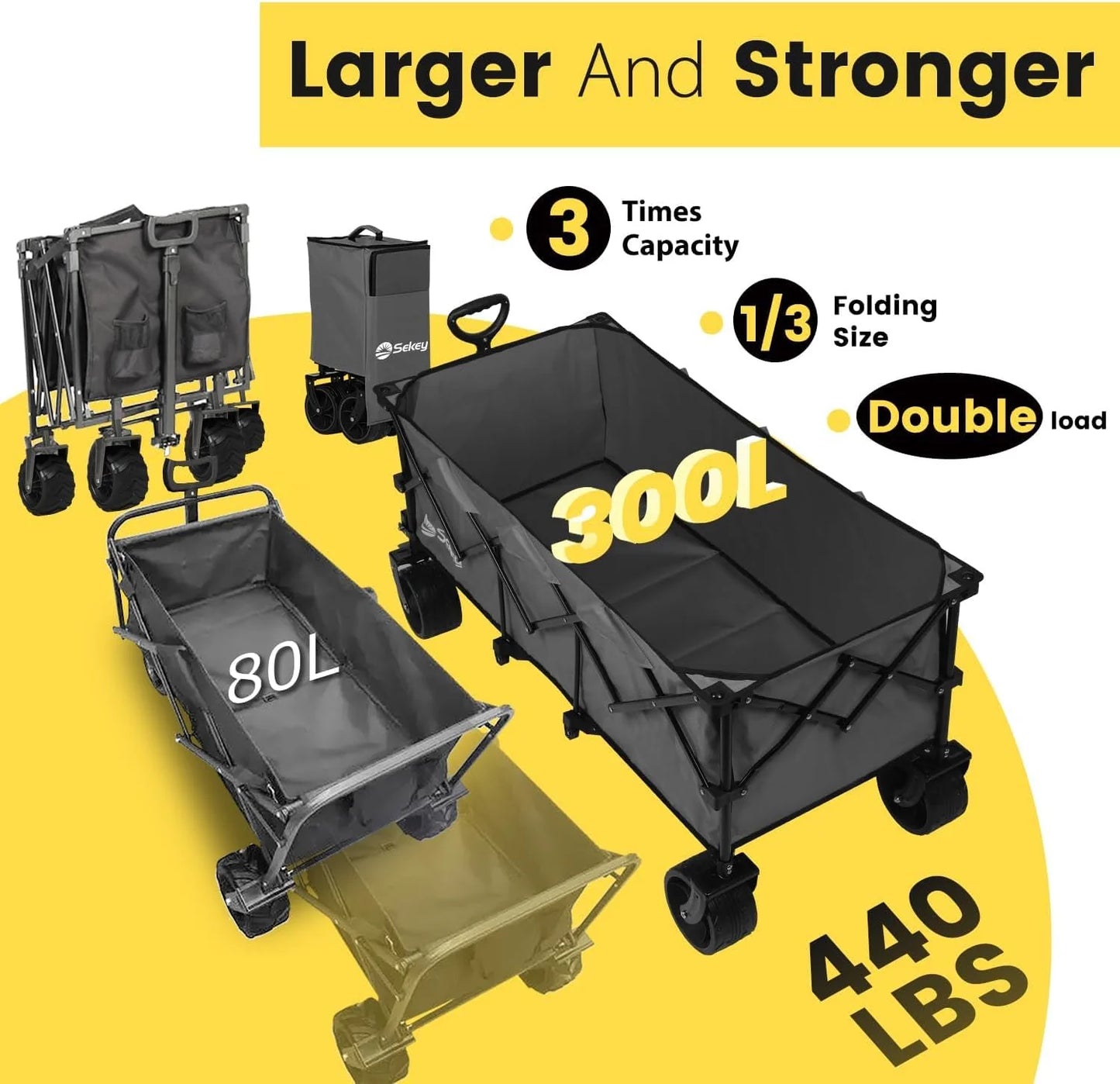 Sekey 48 Inch Long Foldable Extended Travel Cart, 440 Lbs Load Capacity, Heavy Duty 300 Liter Folding Multi-Purpose Garden Cart