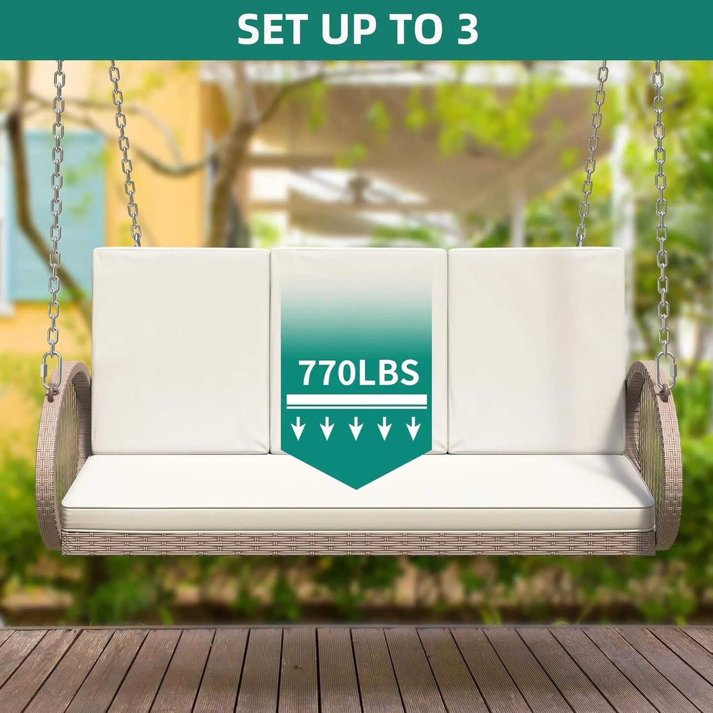 YITAHOME Hanging Porch Swing Chair Sits 3 People, Wicker Outdoor Swing Bench, Patio Lounge Chair, 1 Seating Cushion and 3 Back Cushions, w/Removable Covers, for Garden, Balcony, Backyard, Brown