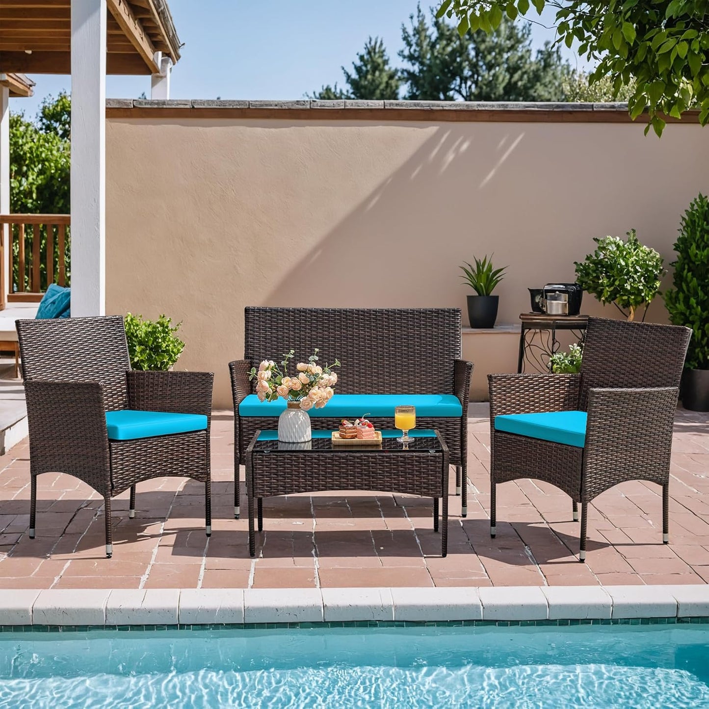 4 piece outdoor patio furniture set rattan chair wicker set