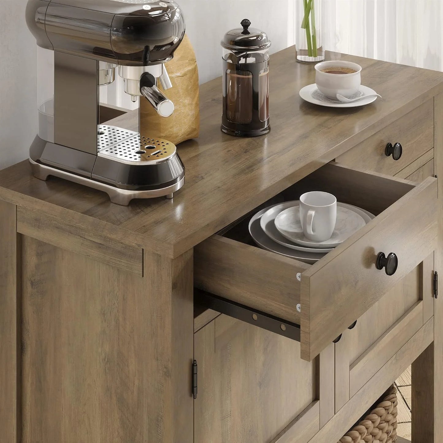 Farmhouse style console table coffee bar, entry table with storage rack, sofa table buffet sideboard