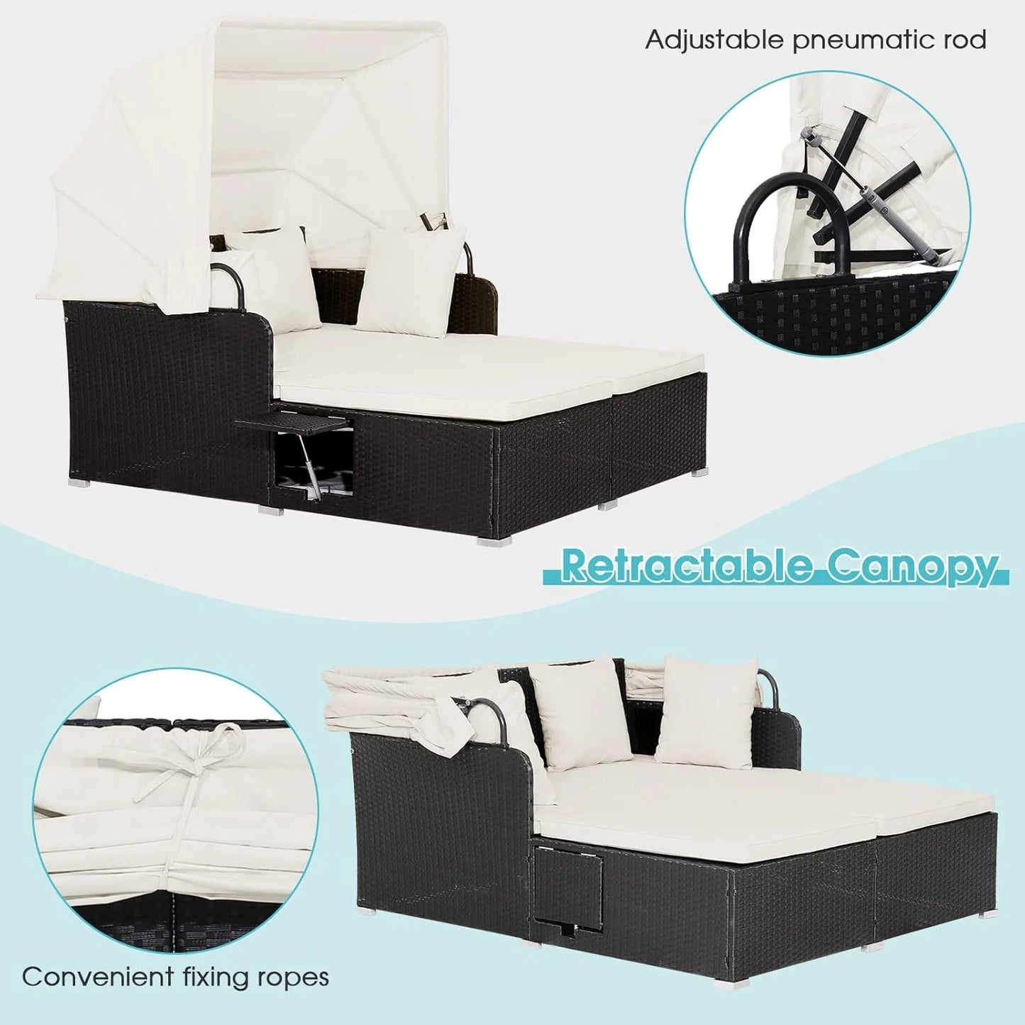 RELAX4LIFE Patio Outdoor Daybed with Canopy, Wicker Sunbed w/Cushions, 4 Pillows & 2 Retractable Side Trays, 2-Person Lounge Bed Conversation for Poolside Porch Garden, Rattan Outdoor Bed (Turquoise)