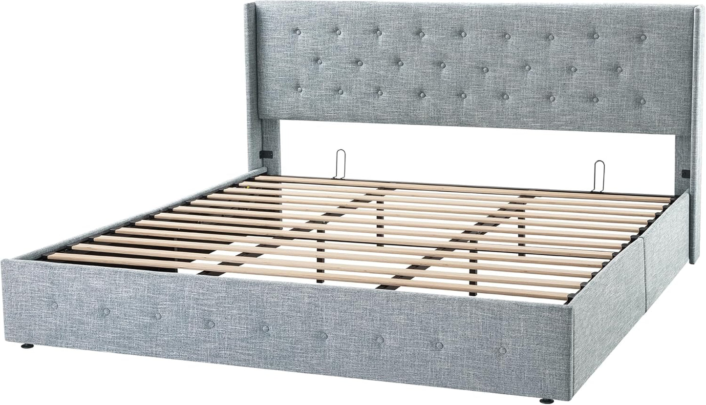 Allewie Queen Size Lift Up Storage Bed, Modern Wingback Headboard, Hydraulic Support, No Box Spring Needed, Light Beige