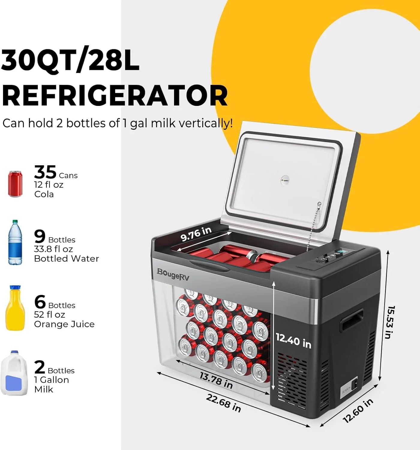 BougeRV 12 Volt Refrigerator 12V Car Fridge 23 Quart Portable Freezer Compressor Cooler 12/24V DC 110~240 Volt AC for Truck Van RV Camper SUV Travel Camping Road Trips Tailgating -8℉~50℉