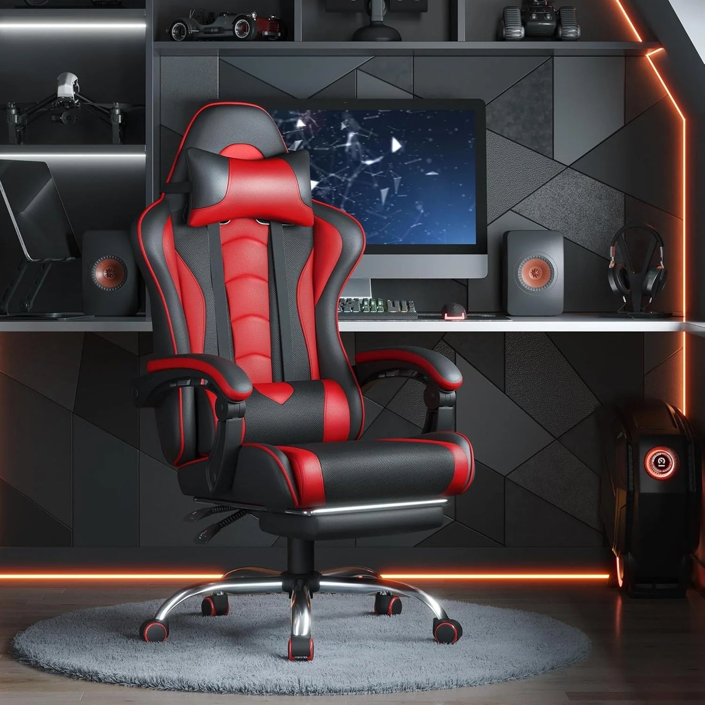 Gaming Chair with Massage Lumbar Support and Footrest Height Office Gaming Chair
