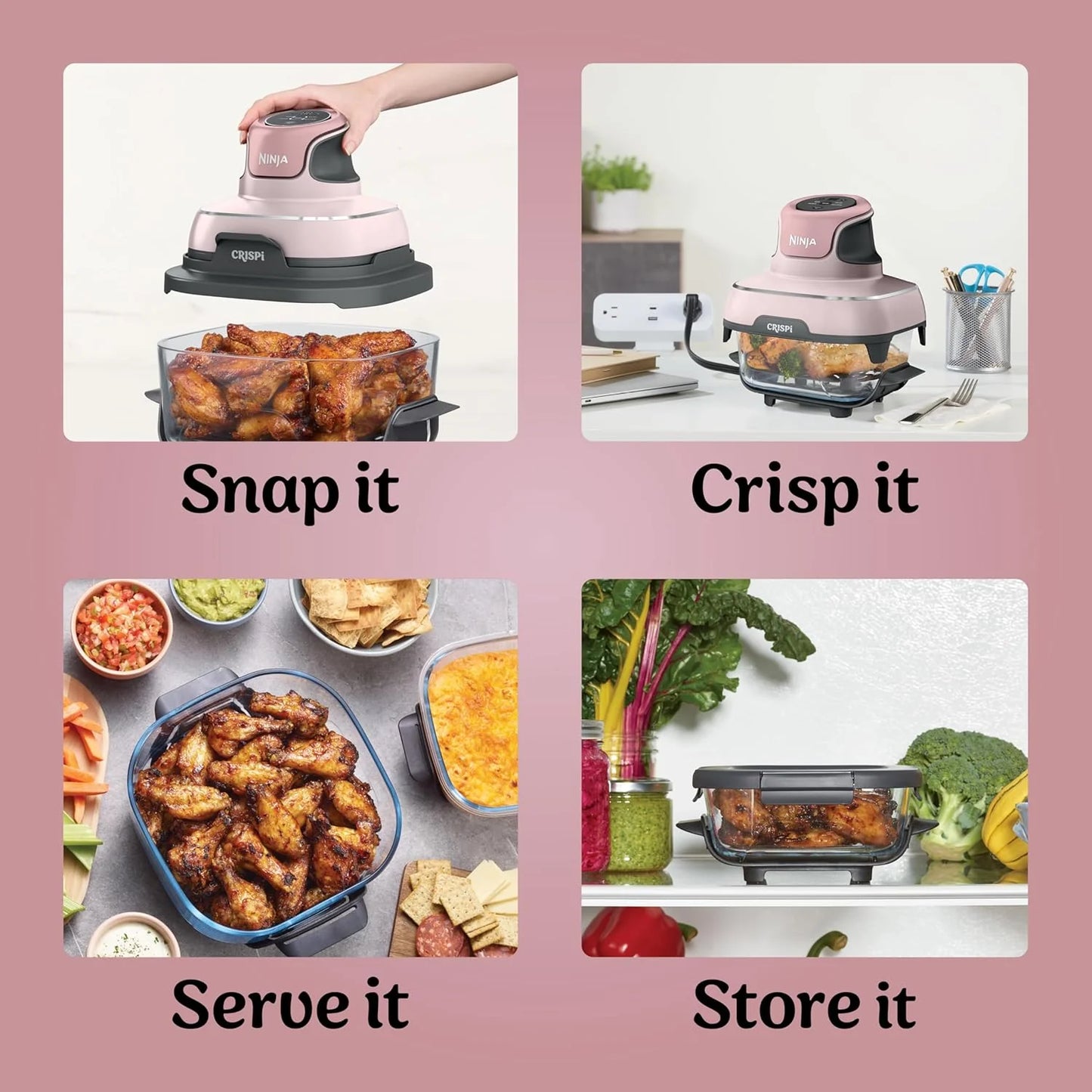 Ninja Crispi 4-in-1 Portable Glass Air Fryer Cooking System, 1500W, 4QT & 6-Cup TempWare Glass Containers with Storage Lids, Microwave, Freezer & Dishwasher Safe