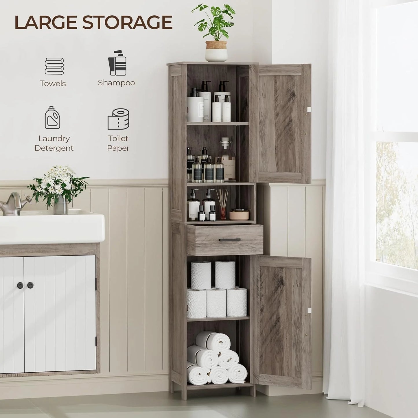 Homhedy 67" H Tall Bathroom Storage Cabinet with 2 Barn Doors and 1 Drawer, Narrow Storage Unit, Adjustable Shelves, Floor Cabinet for Bathroom, Living Room, Entryway, Kitchen, White, (15.7" W)