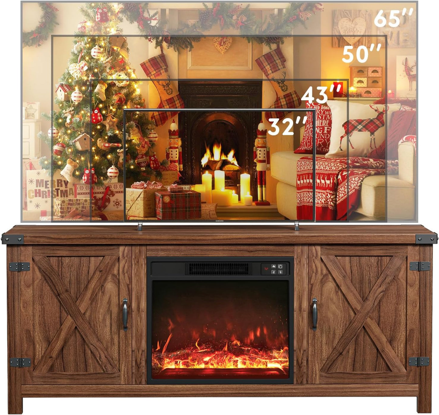 YESHOMY Fireplace TV Stand with Two Barn Doors and Storage Cabinets for Televisions up to 65+ Inch, Entertainment Center Console Table, Media Furniture for Living Room, 58 Inch