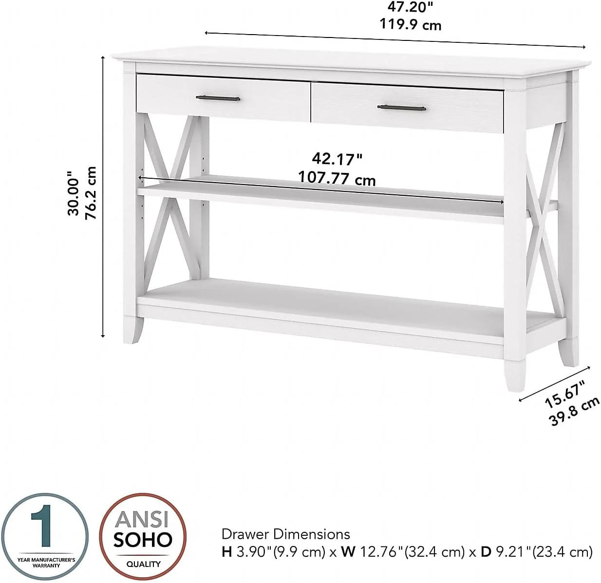 Key West Console Table with Drawers and Shelves in Linen White Oak