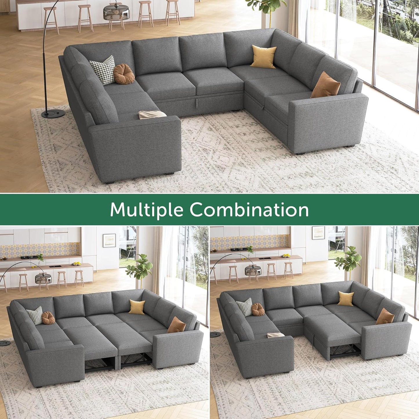 HONBAY Modular Sectional Sleeper Sofa with Pull Out Bed, L Shaped Couch with Storage Seat, Convertible Sectional Couches for Living Room