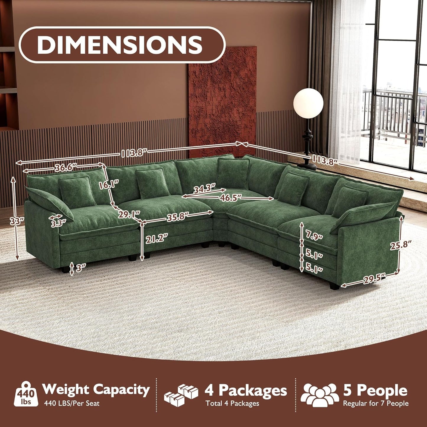 ihanherry 146-inch U-shaped modern sofa modular area cloud sofa