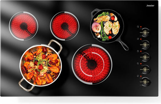 Electric Cooktop 30 Inch - 5 Burners Built-in Ceramic Cooktop, 30" Electric Stove Top with Glass Protection Metal Frame, 9 Heating Level, 8400W, 220-240V for Hard Wire(No Plug)