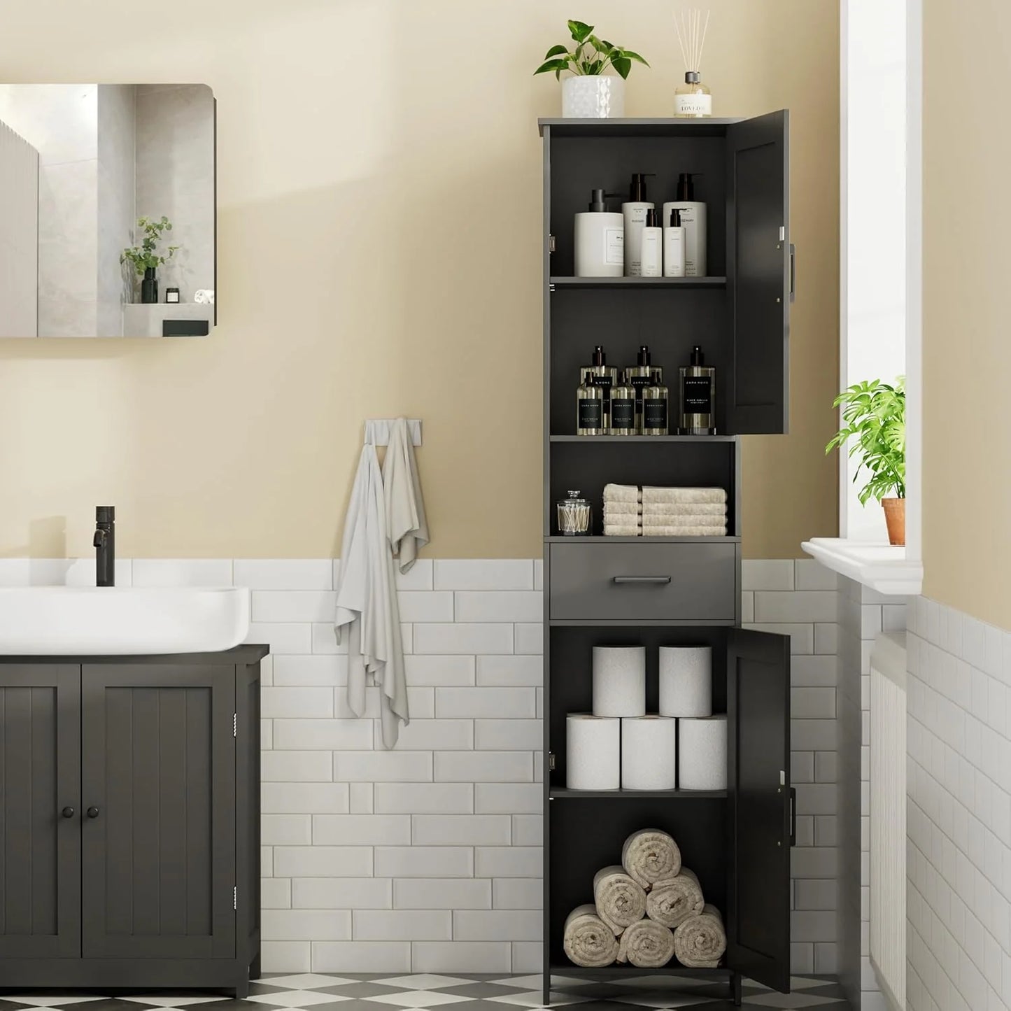 Homhedy 67" H Tall Bathroom Storage Cabinet with 2 Barn Doors and 1 Drawer, Narrow Storage Unit, Adjustable Shelves, Floor Cabinet for Bathroom, Living Room, Entryway, Kitchen, White, (15.7" W)