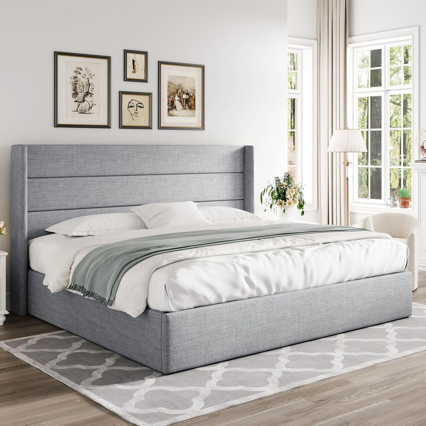 Allewie Queen Size Lift Up Storage Bed, Modern Wingback Headboard, Hydraulic Support, No Box Spring Needed, Light Beige