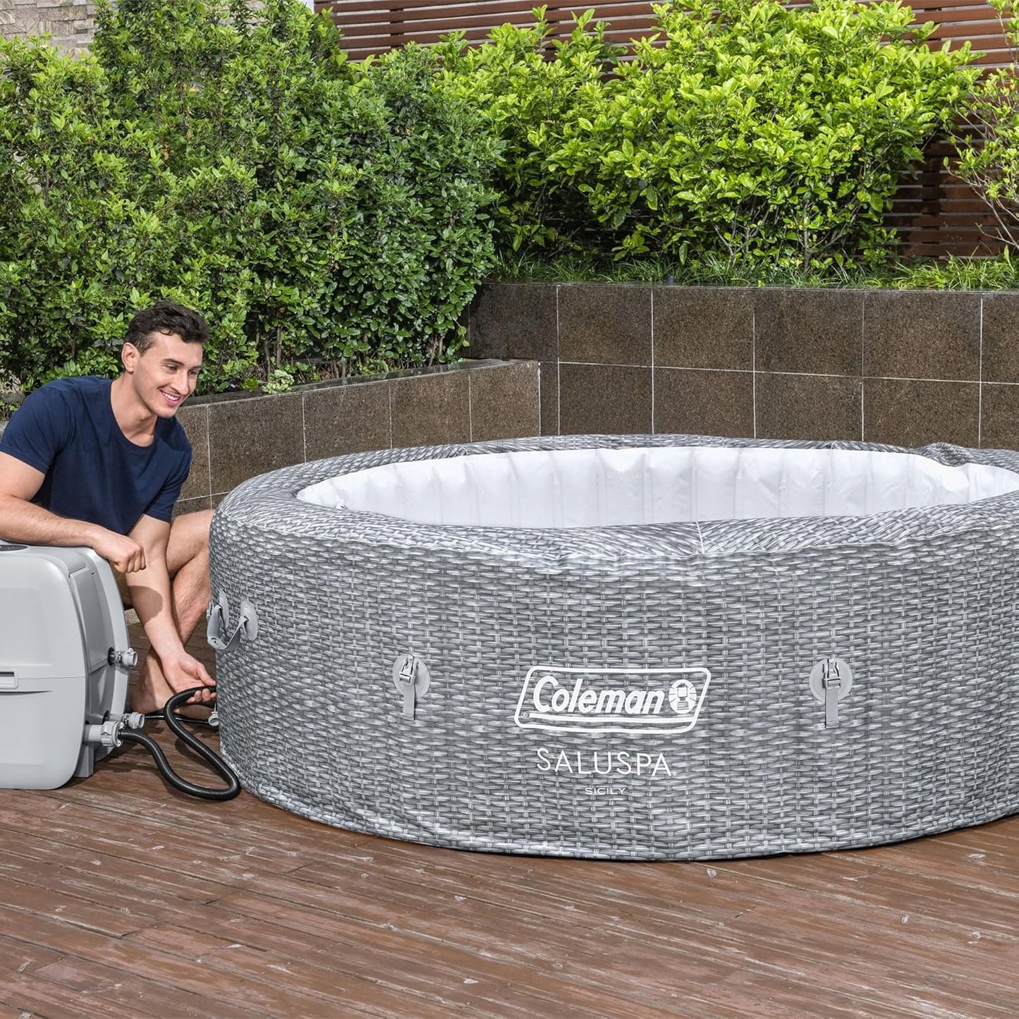 SaluSpa Sicily AirJet 7 Person Inflatable Hot Tub Round Portable Outdoor Spa with 180 Soothing AirJets and Insulated Cover, Gray