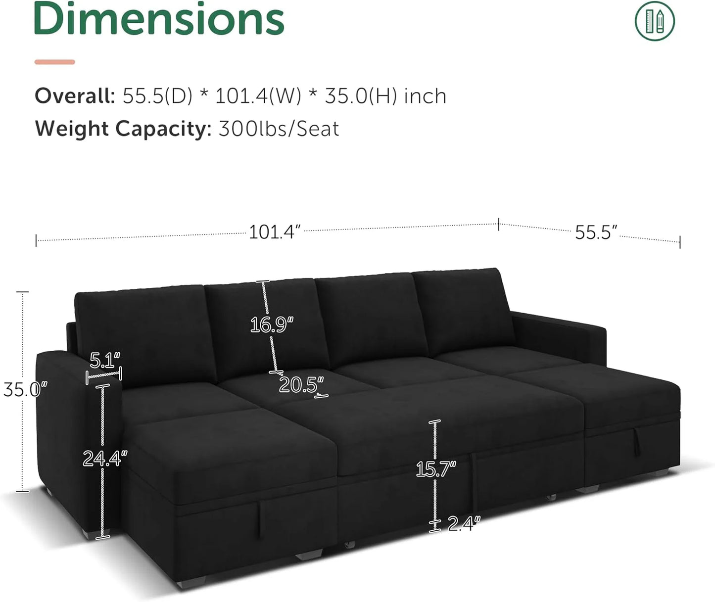 HONBAY Modular Sectional Sleeper Sofa with Pull Out Bed, L Shaped Couch with Storage Seat, Convertible Sectional Couches for Living Room