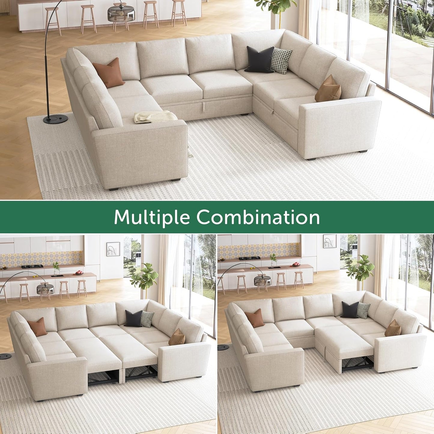 HONBAY Modular Sectional Sleeper Sofa with Pull Out Bed, L Shaped Couch with Storage Seat, Convertible Sectional Couches for Living Room