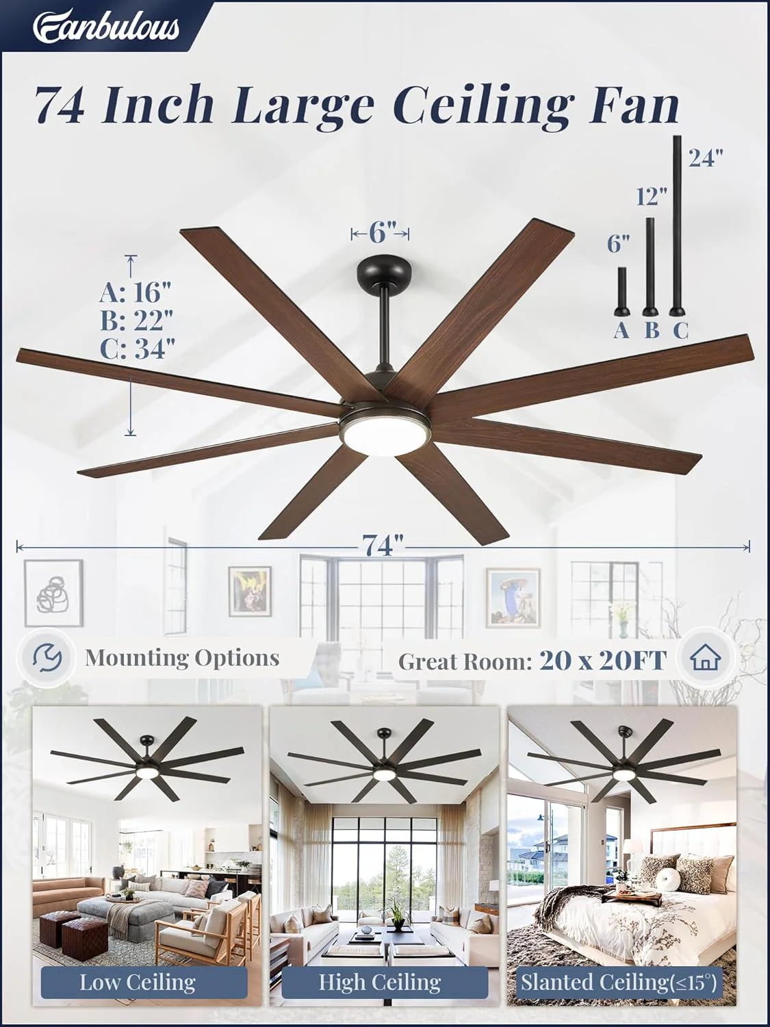 Ceiling Fan Indoor/Outdoor 8 Blades 65 inches