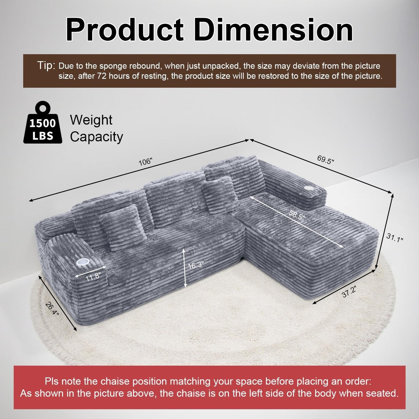 Cloud section sofa with L-shaped recliner, modern modular sofa, built-in cup holder