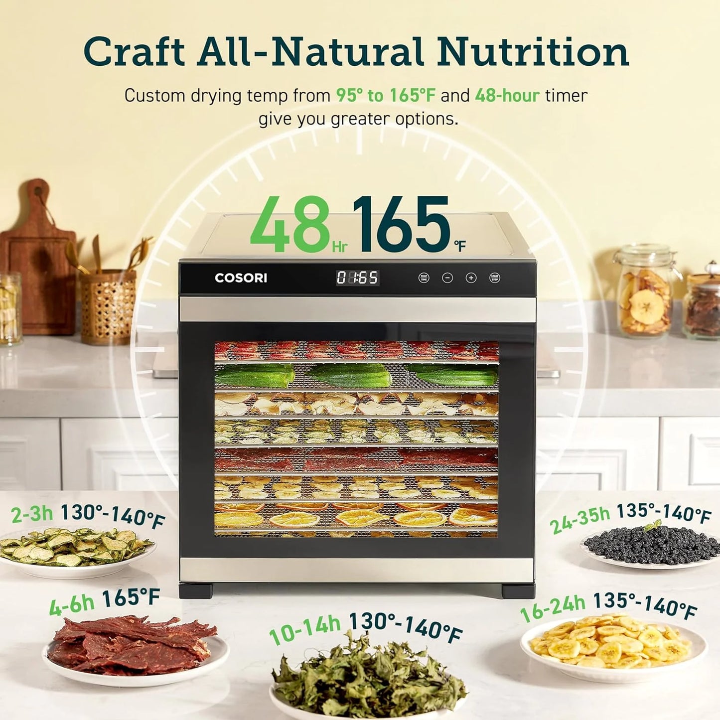 COSORI Food Dehydrator, Bigger Than 7 Trays With Large 6.5" Drying Space, 600W Power Saves More Time Than 480W, 165°F Dehydrated Dryer