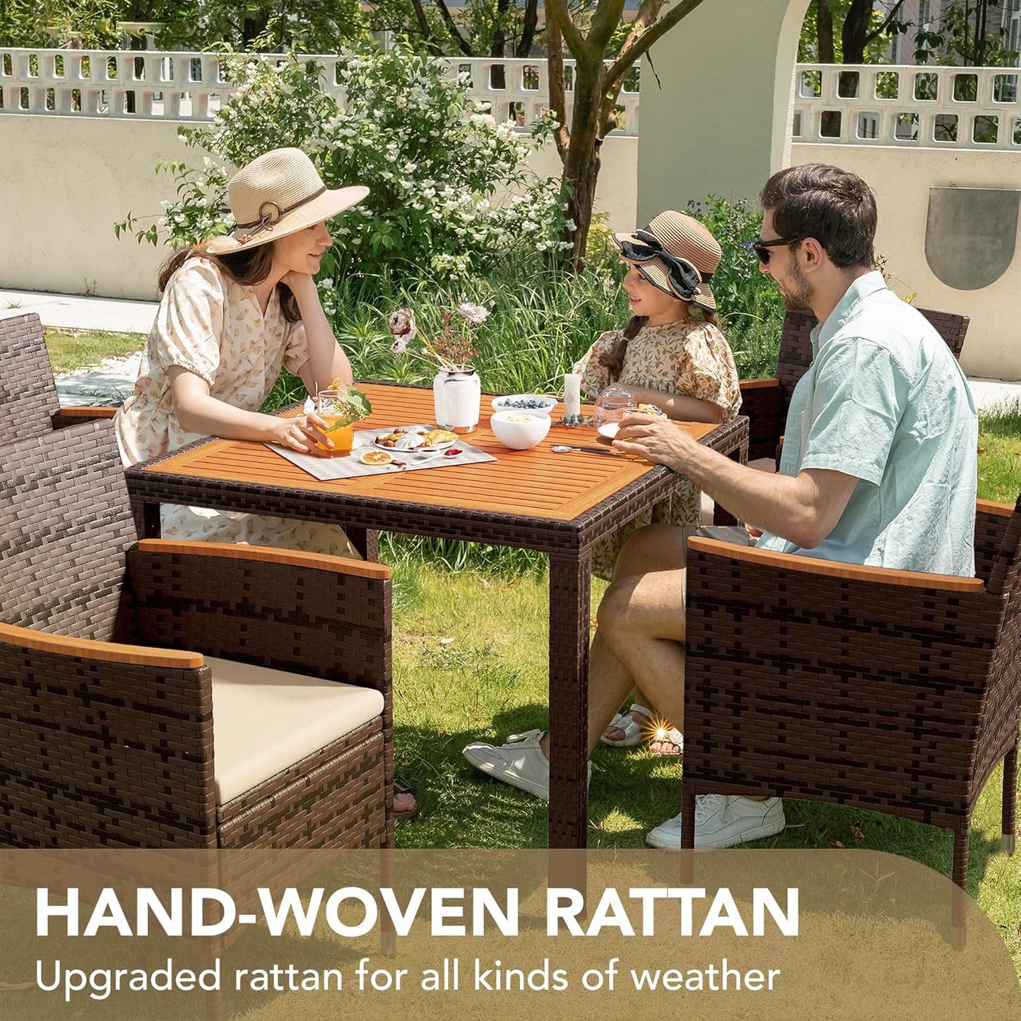 Devoko Dining 7 PCS Furniture, Patio Conversation Set with Acacia Wood Table Top, Rattan Outdoor, Black