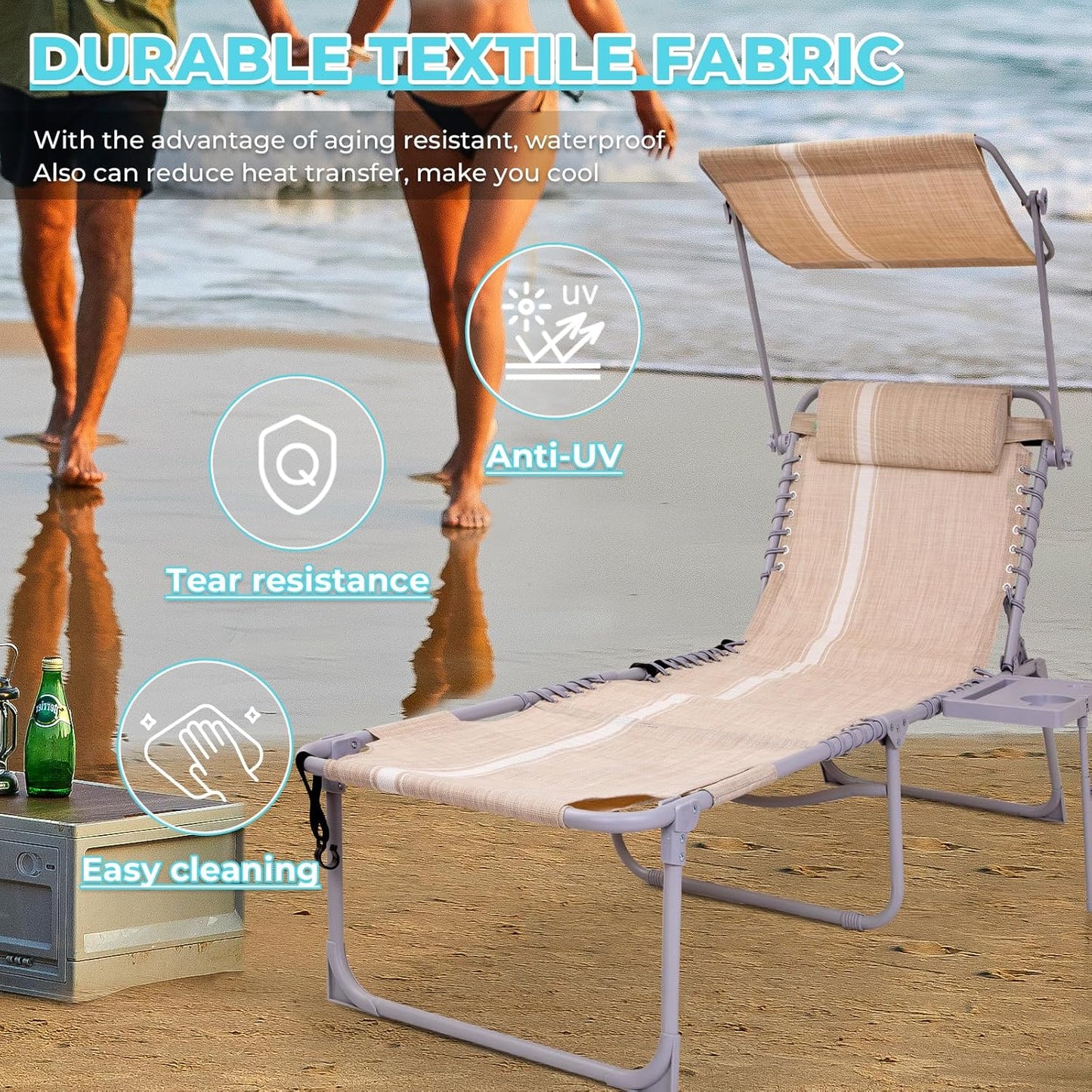 2 Pack Outdoor Chaise Lounge Chair - Portable Folding Patio Pool Lounge Chair, 5 Positions Adjustable Reclining Camping Chair with Side Table,Shoulder Strap, Pillow for Beach Sunbathing Lawn