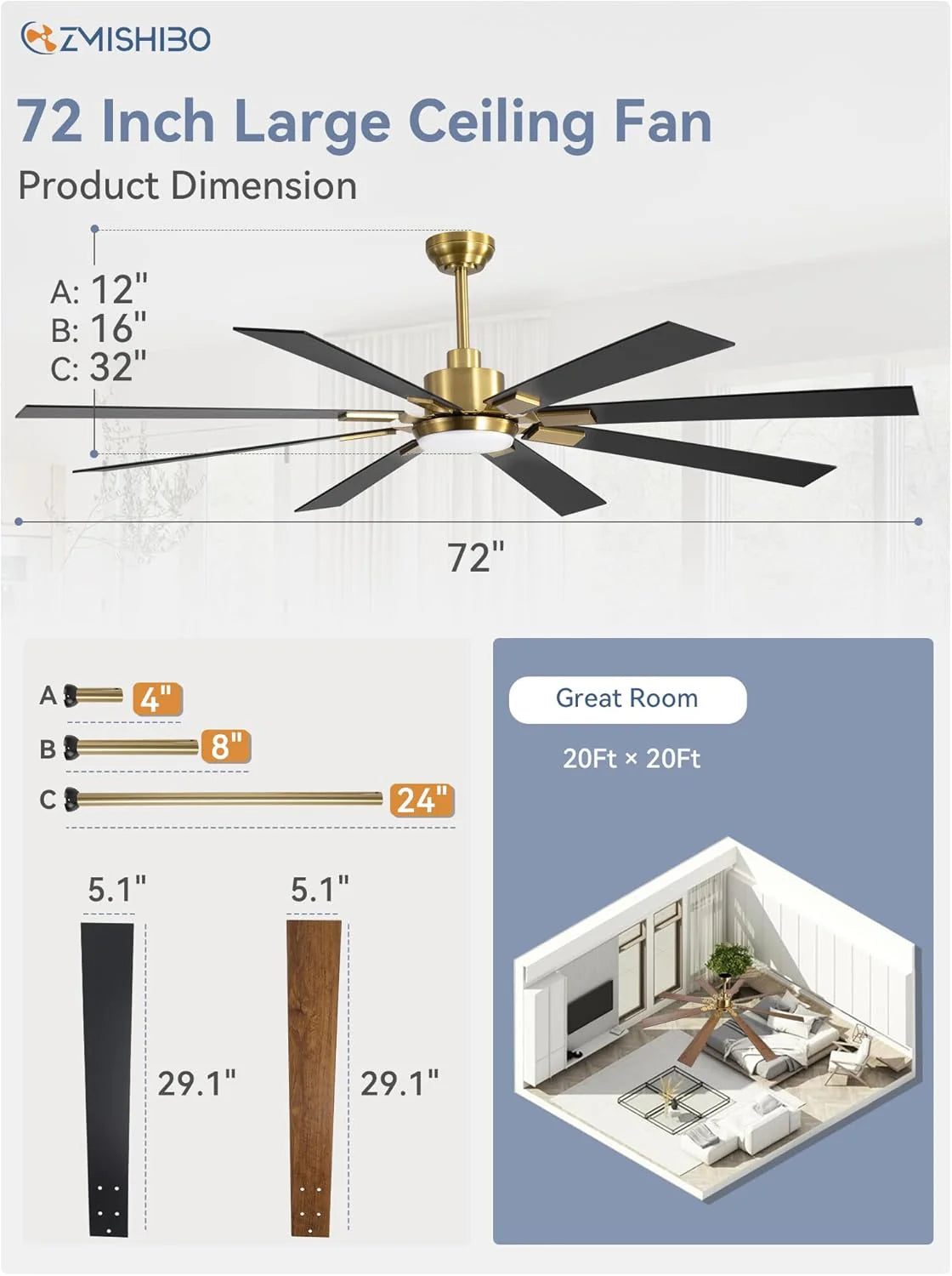 Zmishibo 72-inch large ceiling fan with lighting and remote indoor/outdoor