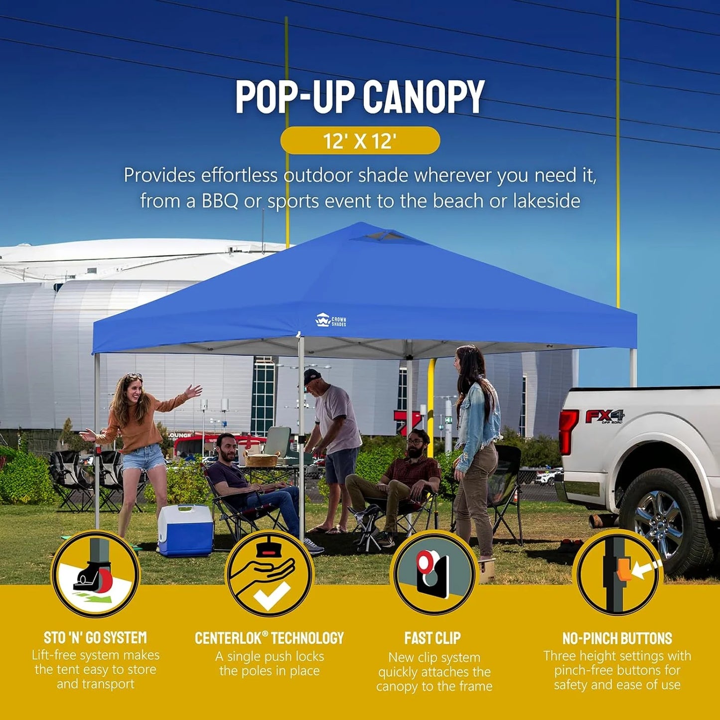 10x10 Pop-Up Awning - One-Click Installation Beach Tent - Outdoor Sunshade Silver Coated Top, 3 Heights and 4 Sand Pockets