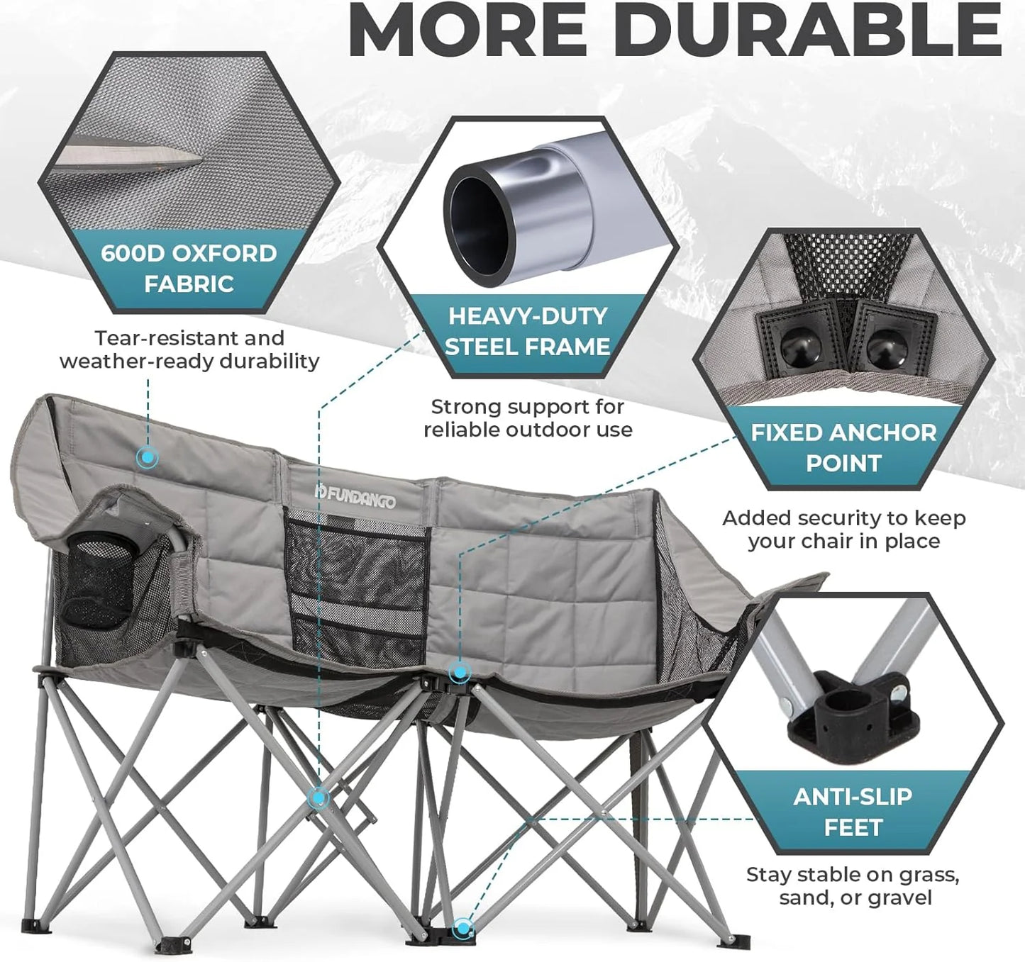 Double Camping Chair with Cooler 3-Person Folding Extra Large Camping Chair with 1000-Pound Load Capacity