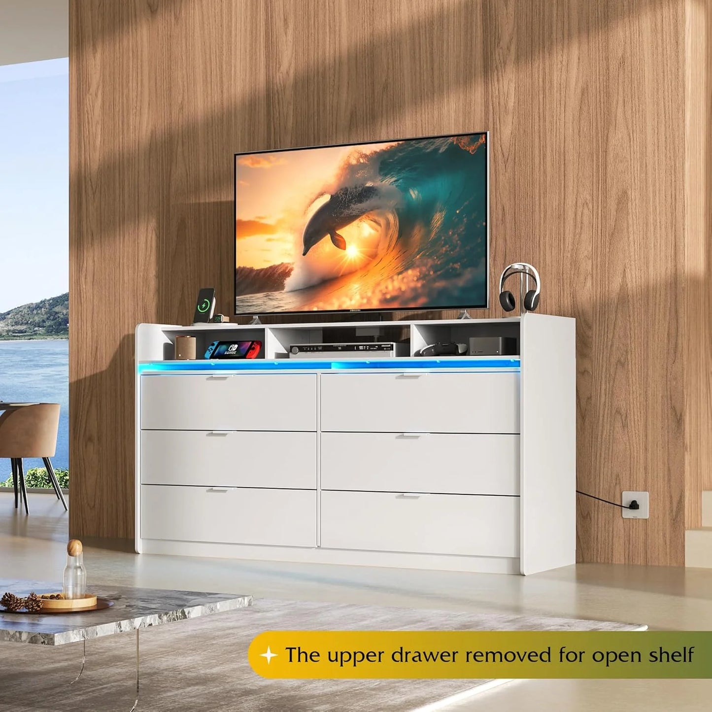 9 Drawer Led Dresser for Bedroom, 58.35'' Wide Wood Dresser Storage Organizer with Power Outlets for 65'' TV, Dressers with Open Shelves