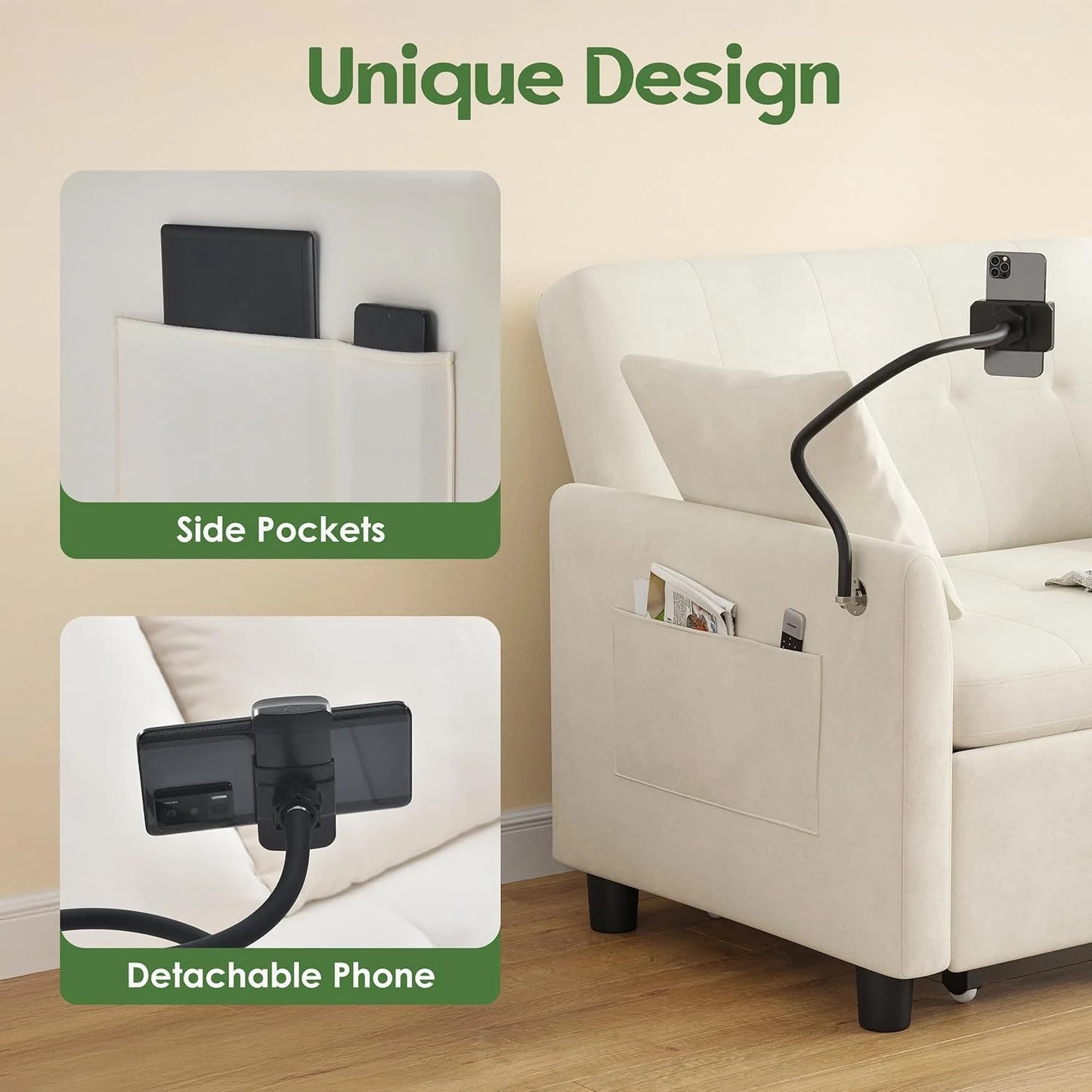 Sleeper Sofa Bed, 3 in 1 Convertible Sleeper Couch Bed Pull Out, Small Loveseat Sofa, Futon Sofa Bed Full Size, 46" Velvet Love Seat