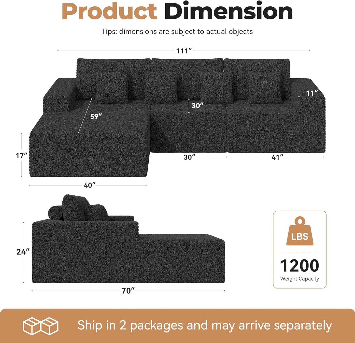 111‘’ Modular Sectional Cloud Couches with L Shaped Chaise