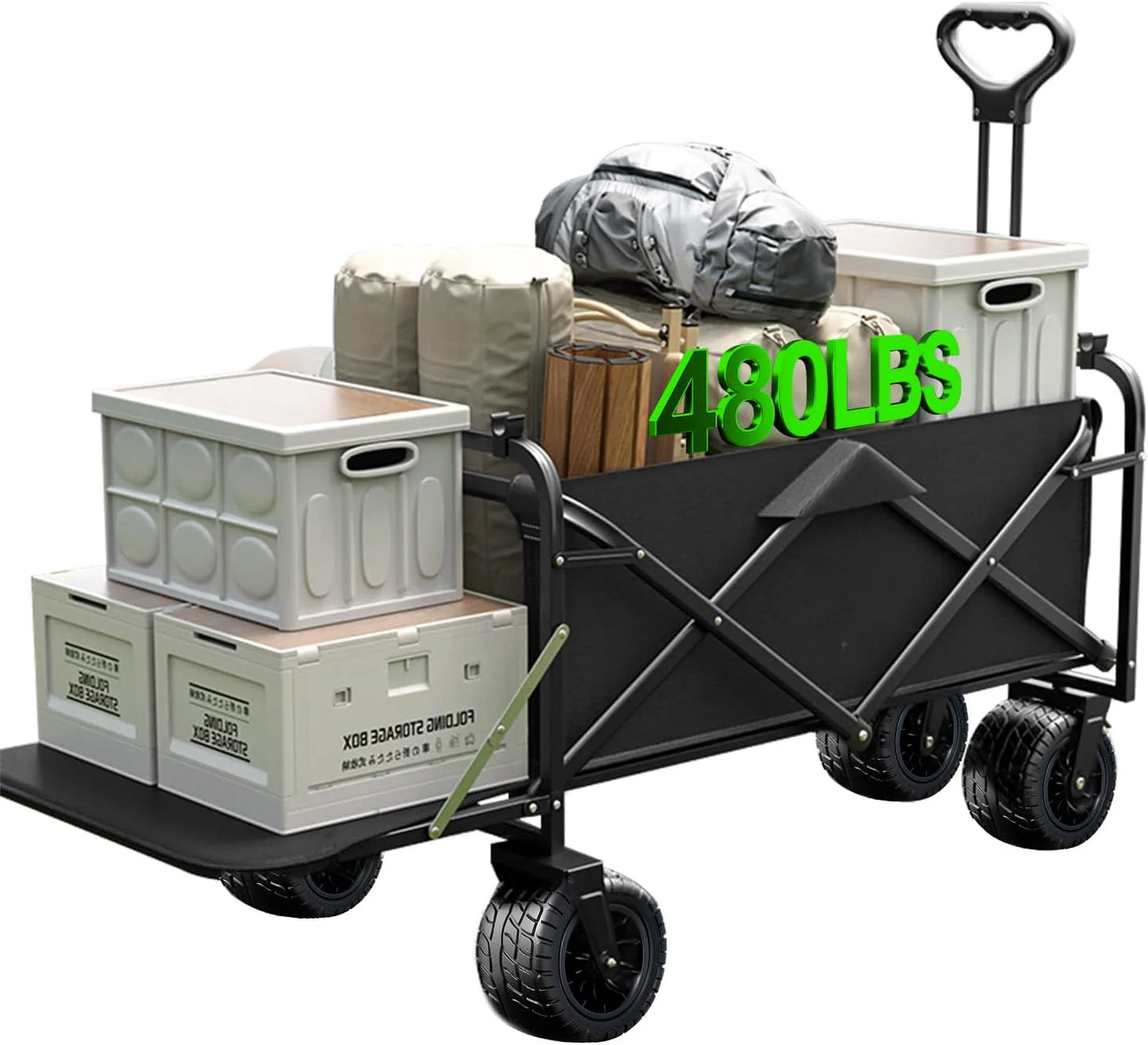 Foldable 4-wheel cart, foldable, 37 inches long, 480 lb capacity, heavy-duty beach cart, shopping cart with wheels