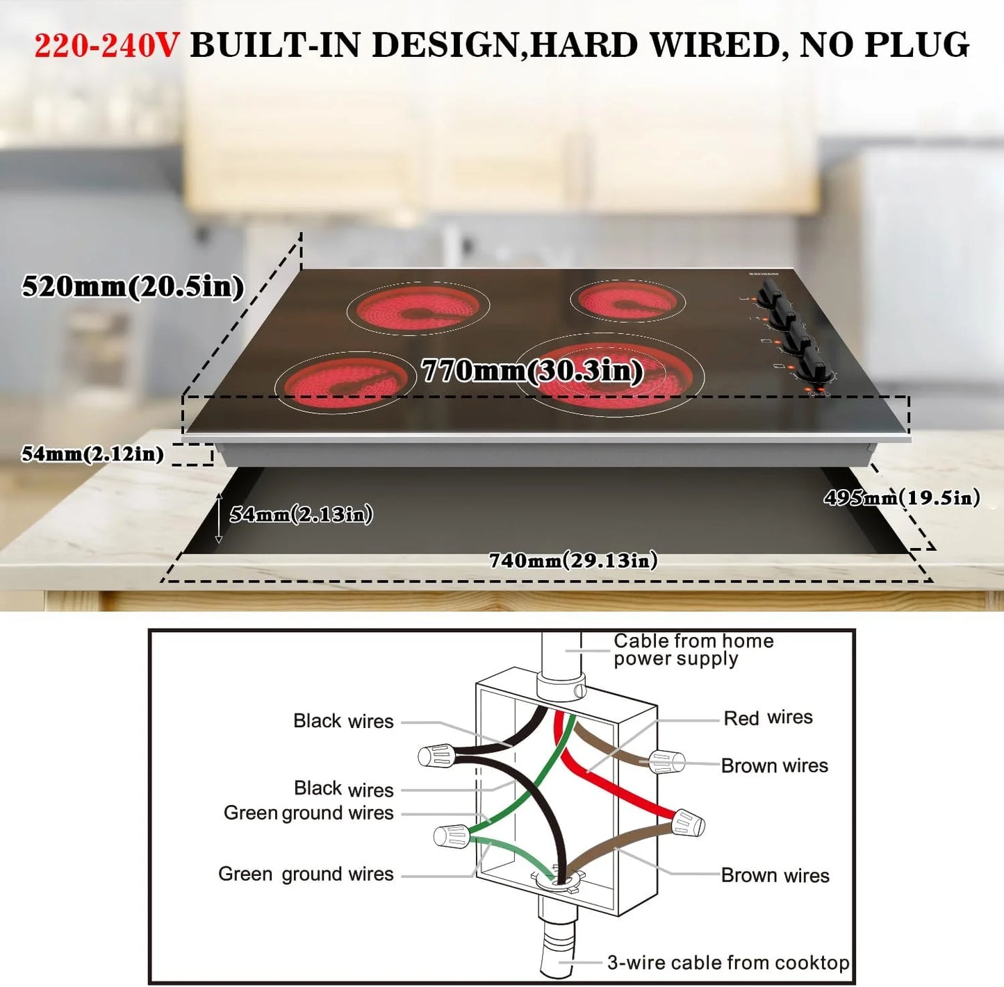 Karinear 30 Inch Electric Cooktop 4 Burners, Knob Control Built-in Ceramic Cooktop, 30" Radiant Electric Stove Top with Glass Protection Metal Frame,Hot Surface Indicator, 220-240v, Hard Wire, No Plug