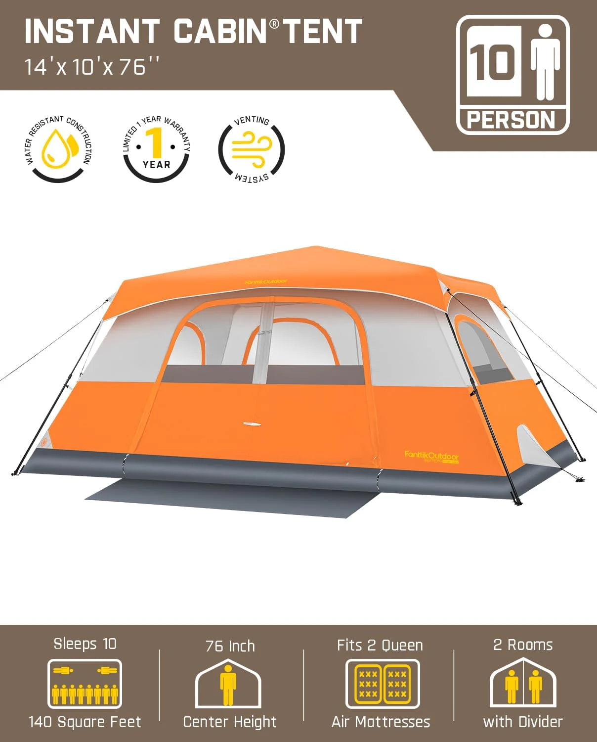 Portable camping tent for 4/6/8/10 people with instant cabin and rainproof and windproof
