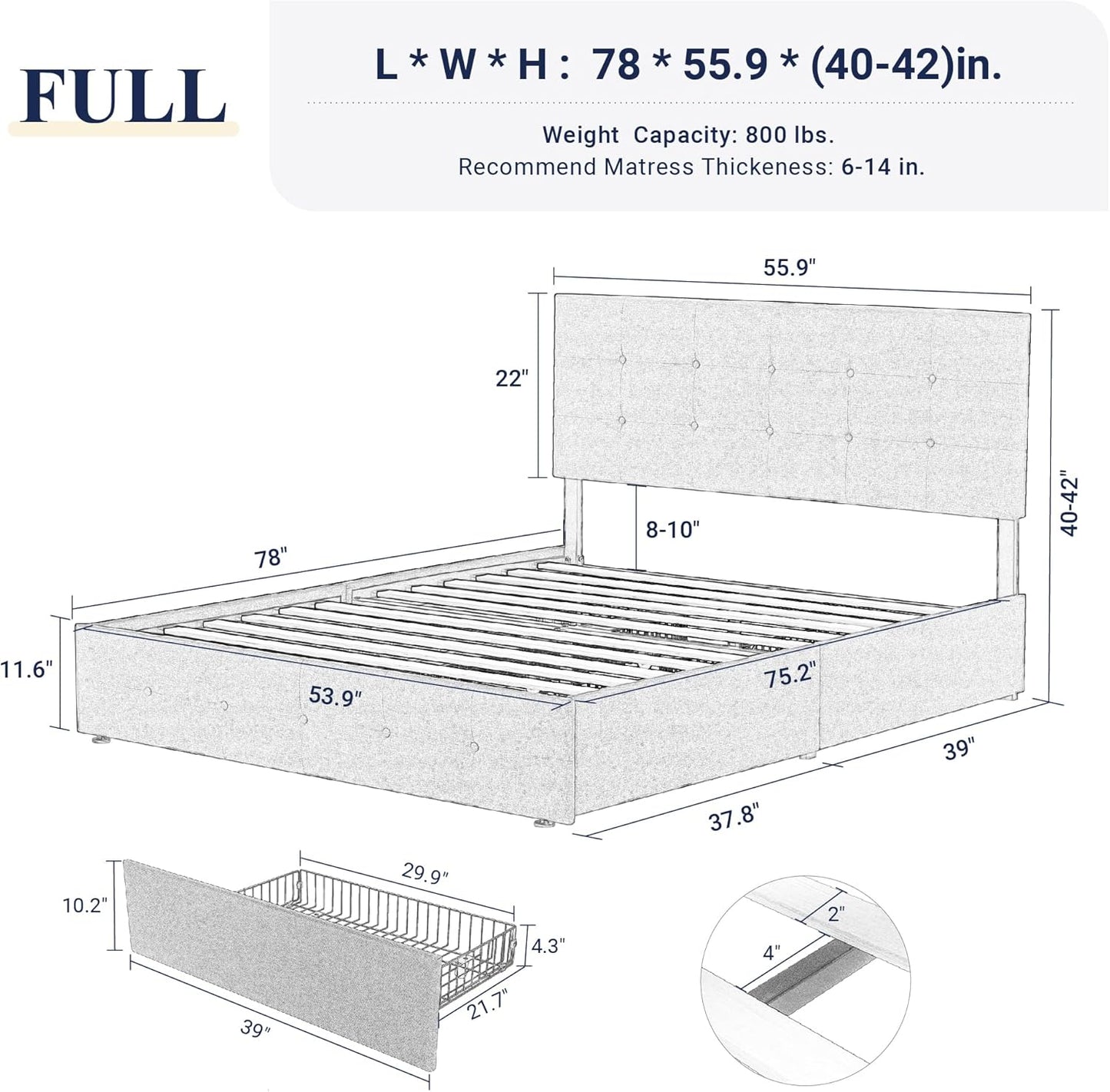 Allewie Upholstered Queen Size Platform Bed Frame with 4 Storage Drawers and Headboard, Square Stitched Button Tufted, Mattress Foundation with Wooden Slats Support, No Box Spring Needed