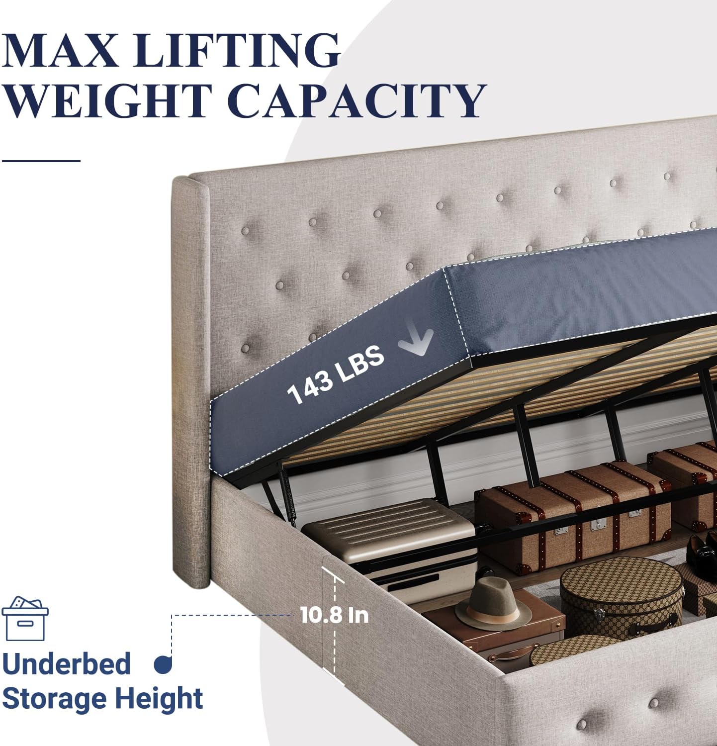 Allewie Queen Size Lift Up Storage Bed, Modern Wingback Headboard, Hydraulic Support, No Box Spring Needed, Light Beige