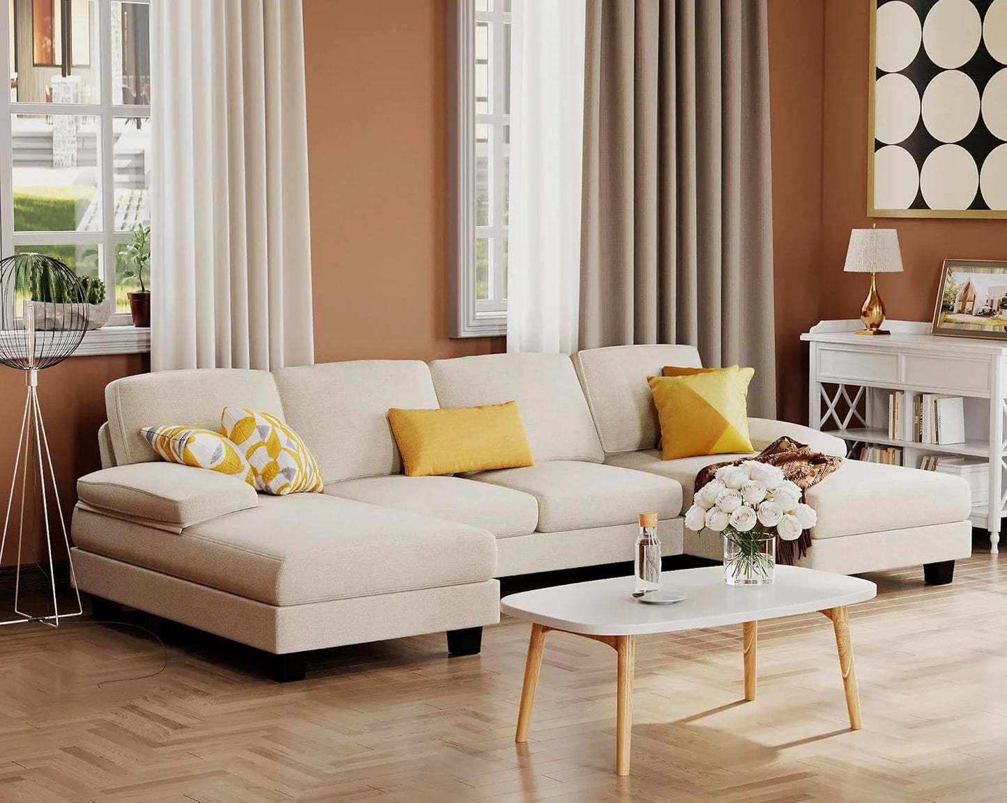 Furmax Sectional Couches for Living Room, U-Shaped Sofa Couch with Linen Fabric, 4 Seat Sofa Set with Double Chaise for Apartment (Fabric, Grey)