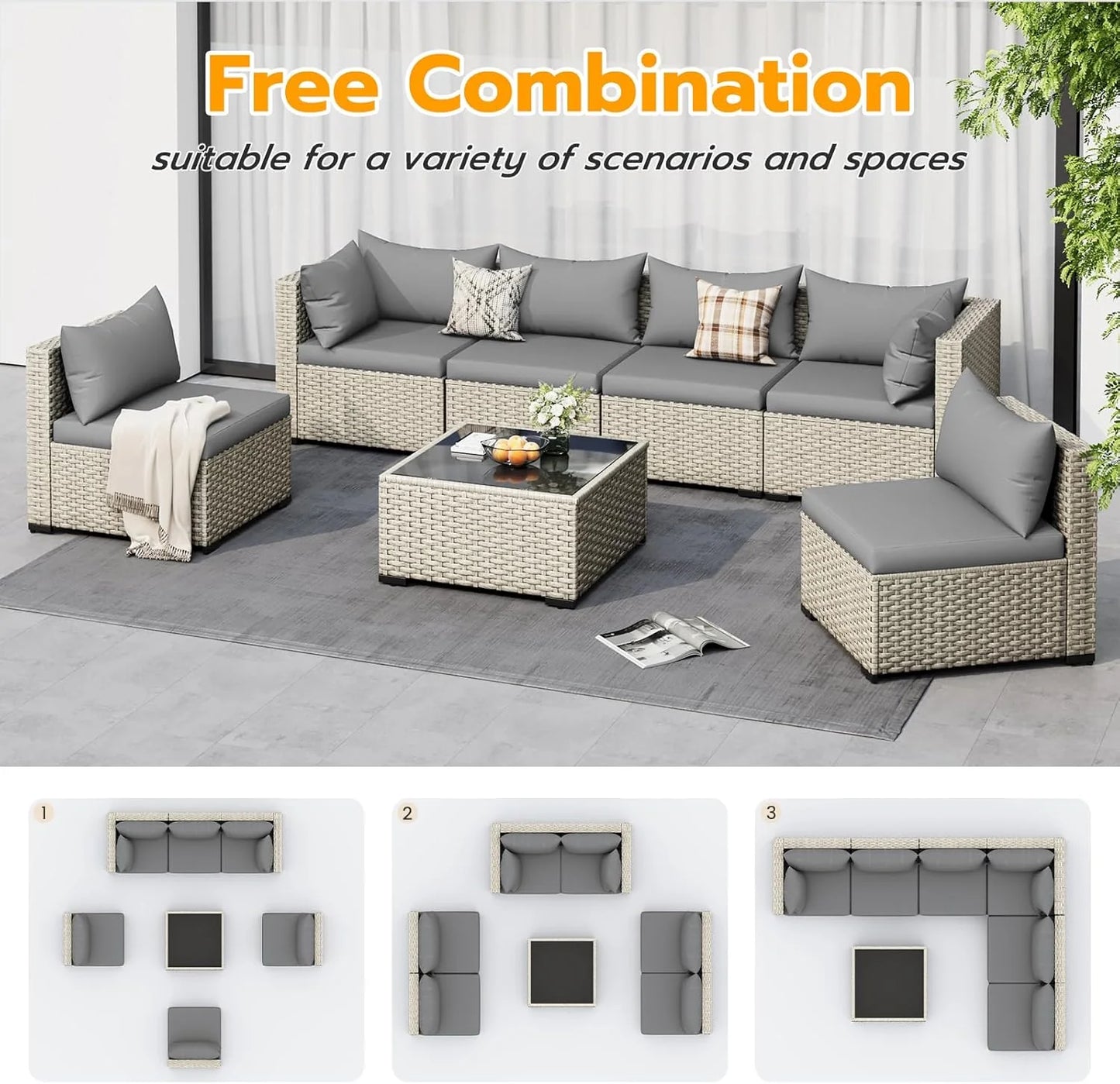 UDPATIO Outdoor Patio Furniture Set, 7-Piece PE Wicker Sectional Sofa with Tea Table, Outdoor Conversation Set