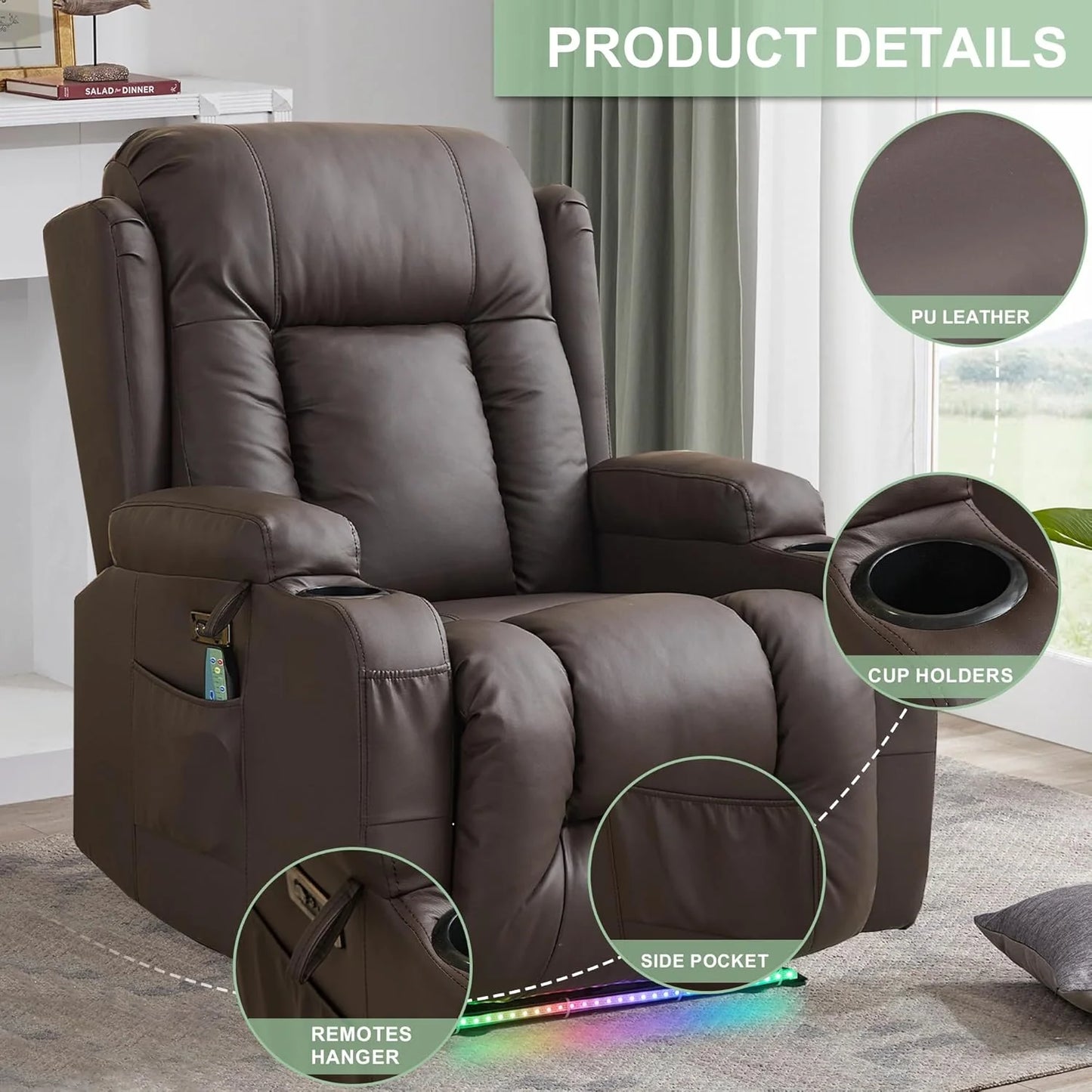 TUNYI Power Loveseat Recliner Sofa with Massage & Heat Home Theater Seating with Console Electric Recliner RV Sofa with USB/Outlet/Storage/Side Pocket/LED Light/Speaker (Brown, Loveseat)