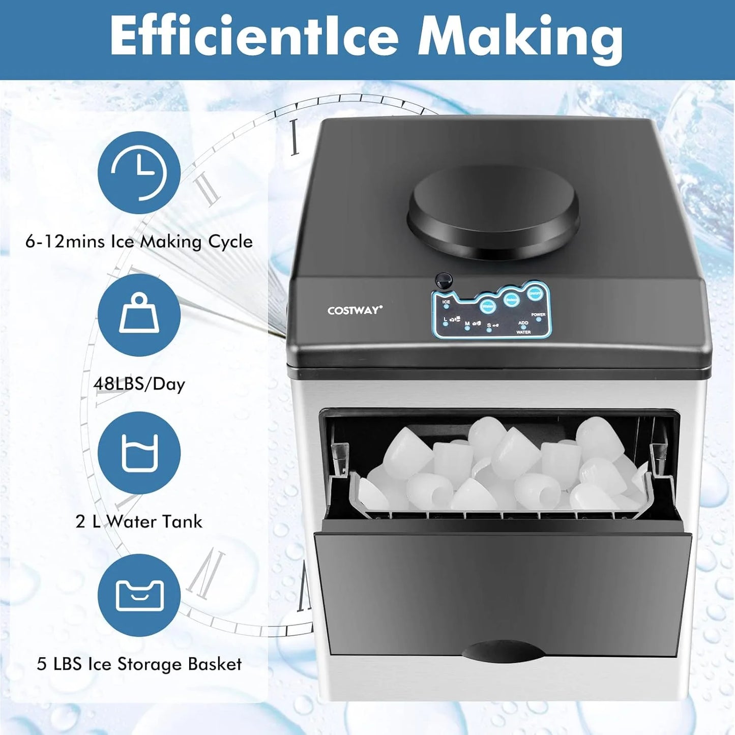 COSTWAY Countertop Ice Maker with Water Dispenser, 3 Sizes Bullet Shaped Ice, 48lbs/Day, Fast Ready in 6 Minutes, Ice Machine with Cold Water for Home Bar Kitchen Office