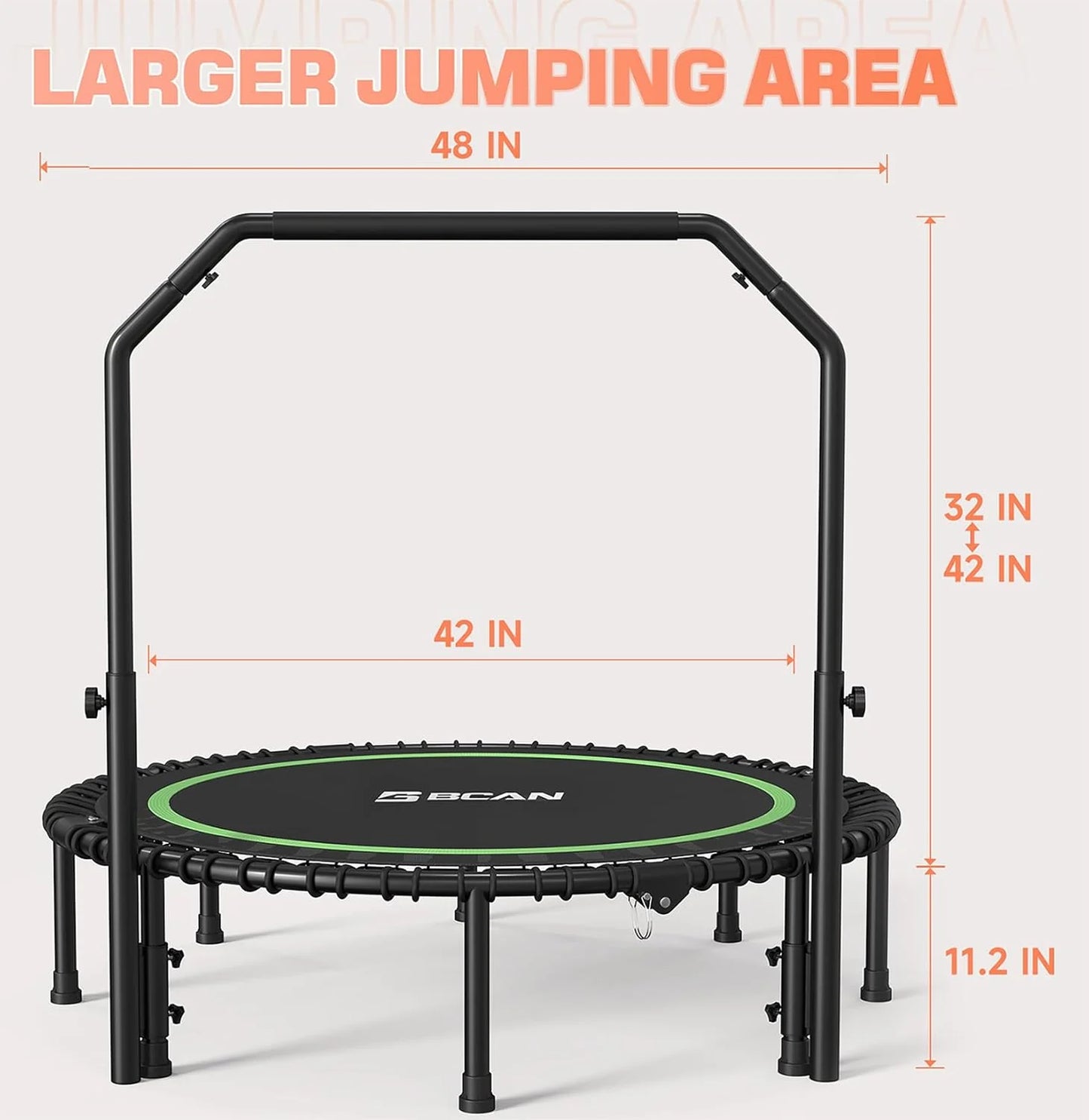 BCAN 450/550 LBS Foldable Mini Trampoline, 40"/48" Fitness Trampoline with Bungees, U Shape Adjustable Foam Handle, Stable & Quiet Exercise Rebounder for Adults Indoor/Outdoor Workout