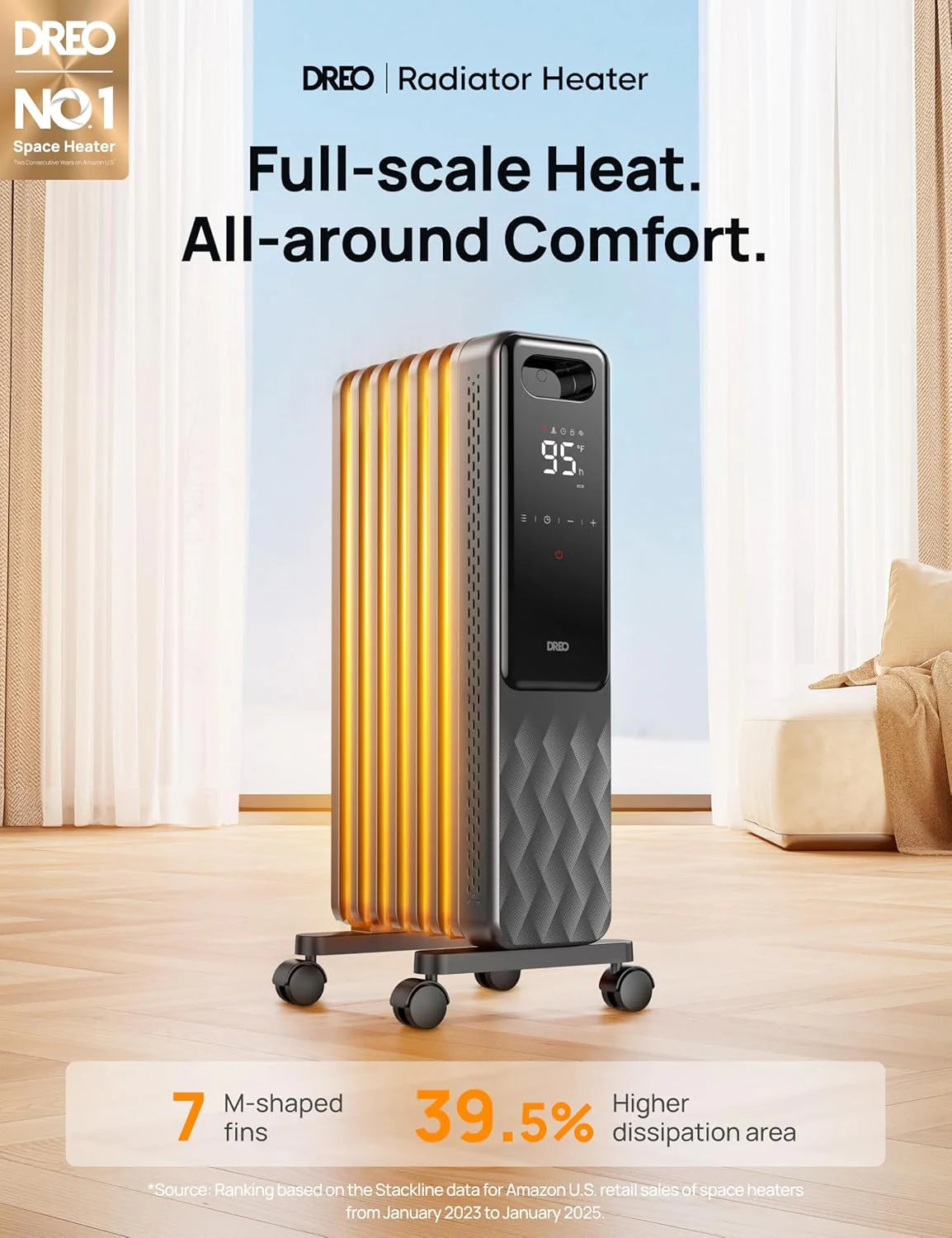 Indoor electric radiant heater with overheat and tip-over protection, digital thermostat, oil-filled radiator