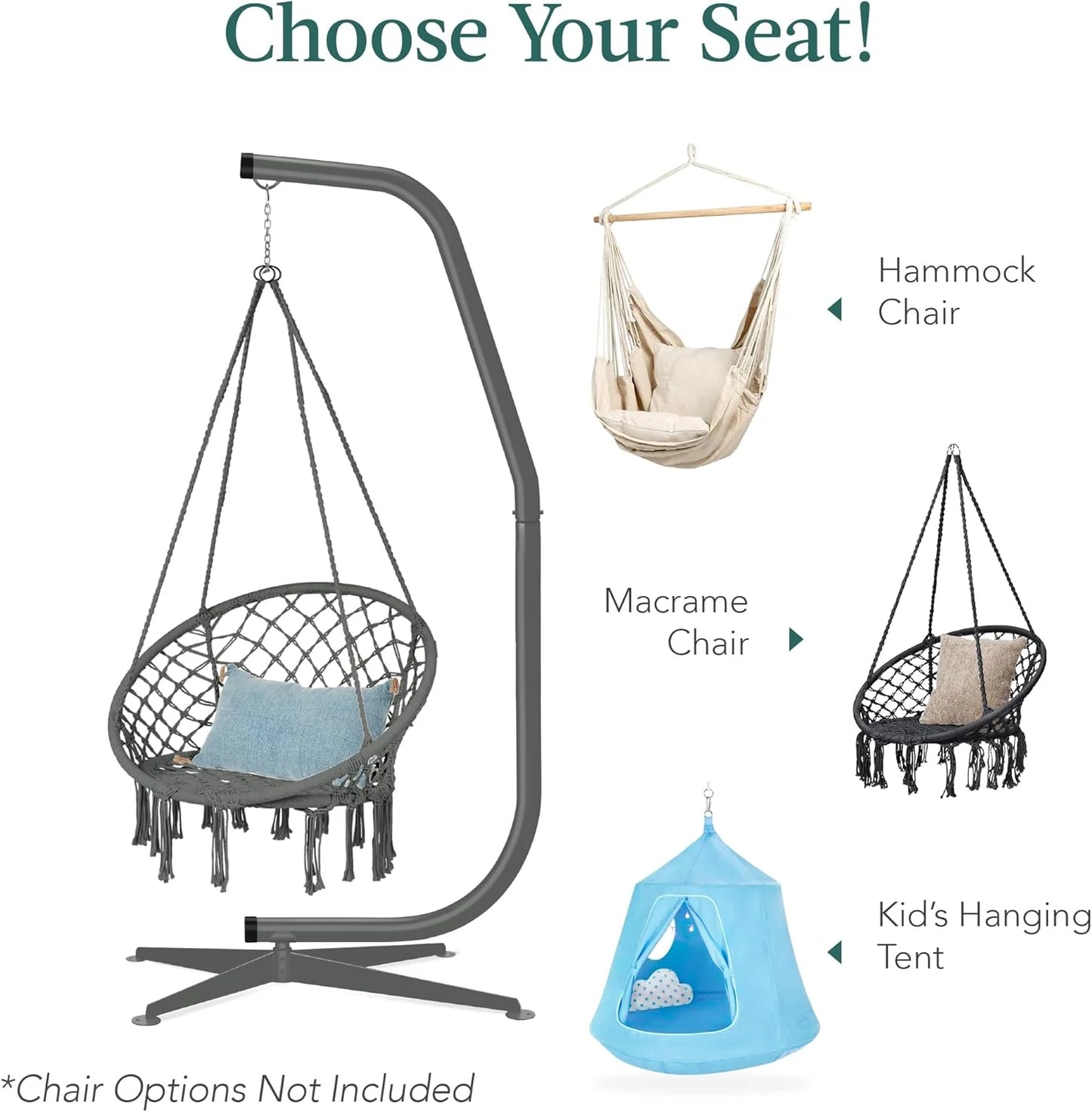 Best Choice Products Metal Hanging Hammock C-Stand for Chair/Weather-Resistant Finish, Offset Base - Stand Only - Black