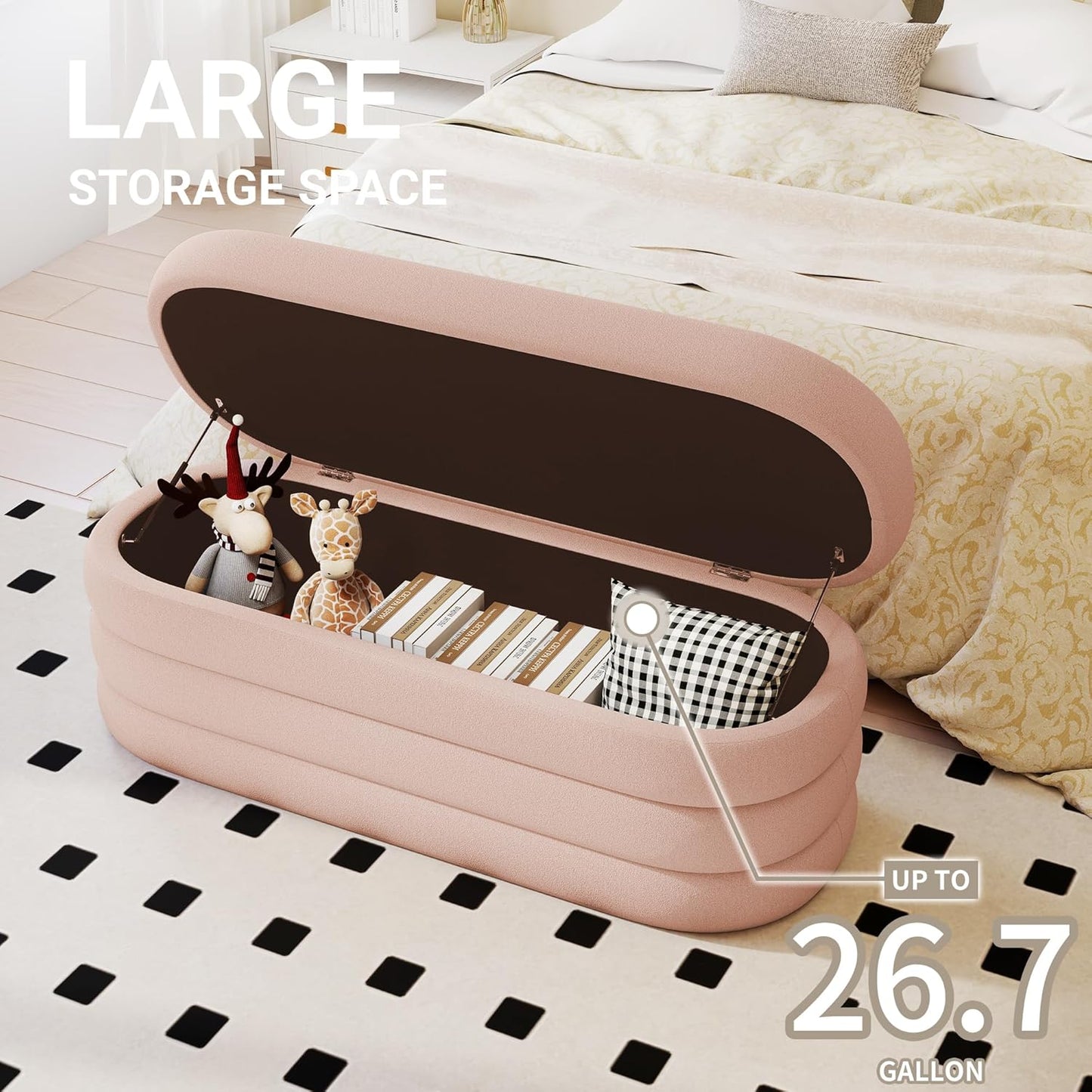 Storage Ottoman Bench 49.2 Inch Upholstered Fabric Storage Bench