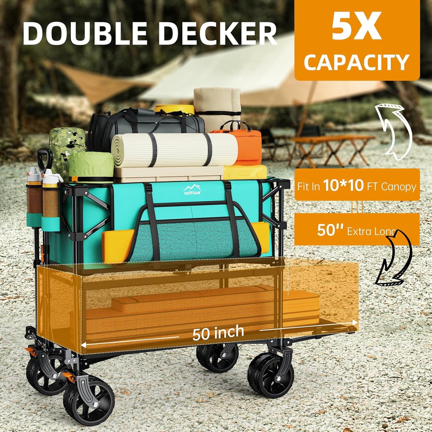Foldable 50''L Extra Long Double Decker Wagon for Sport, 400L Collapsible Heavy Duty Wagon Cart with Big Wheels, Utility All-Terrain Large Extender Cart for Outdoors