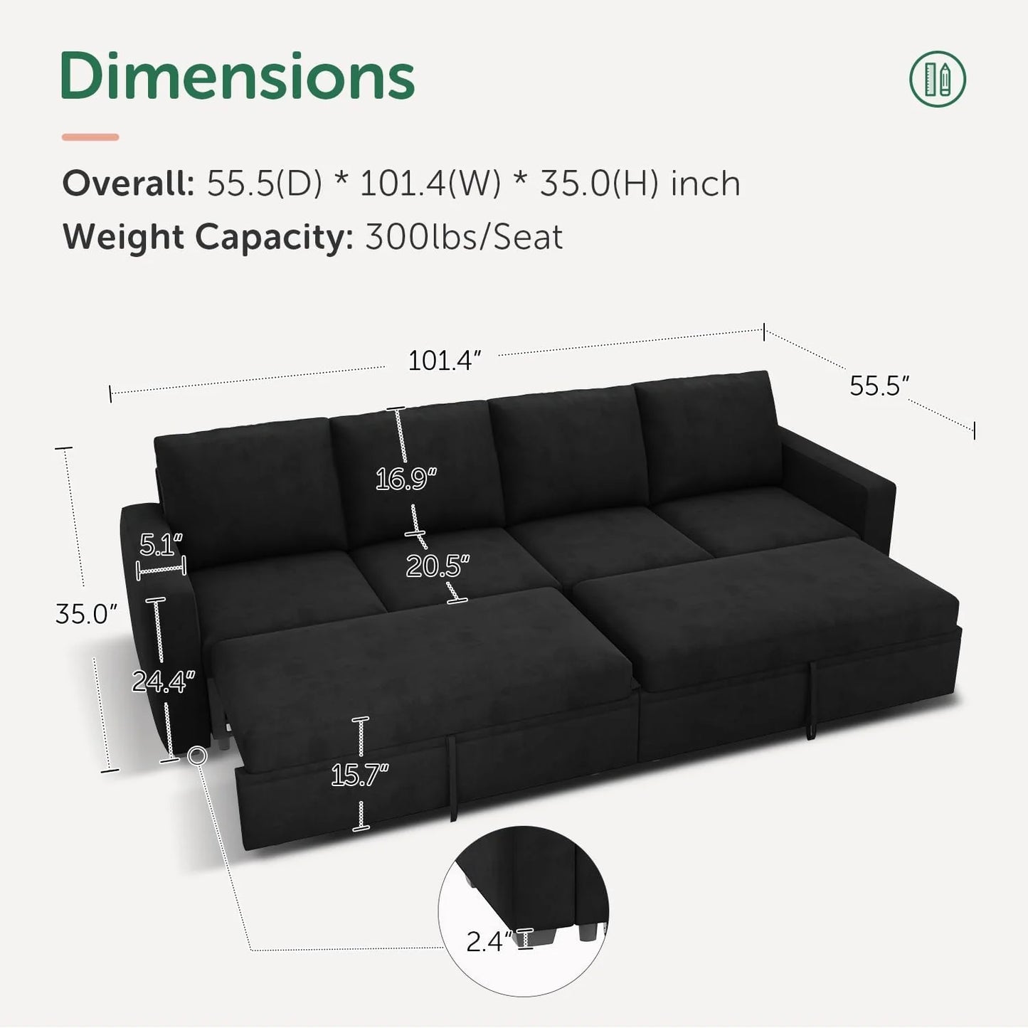 HONBAY Modular Sectional Sleeper Sofa with Pull Out Bed, L Shaped Couch with Storage Seat, Convertible Sectional Couches for Living Room